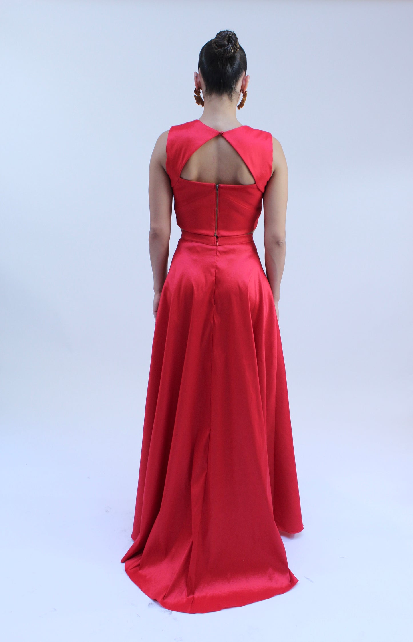Taffeta crop top and high waisted slit maxi skirt set