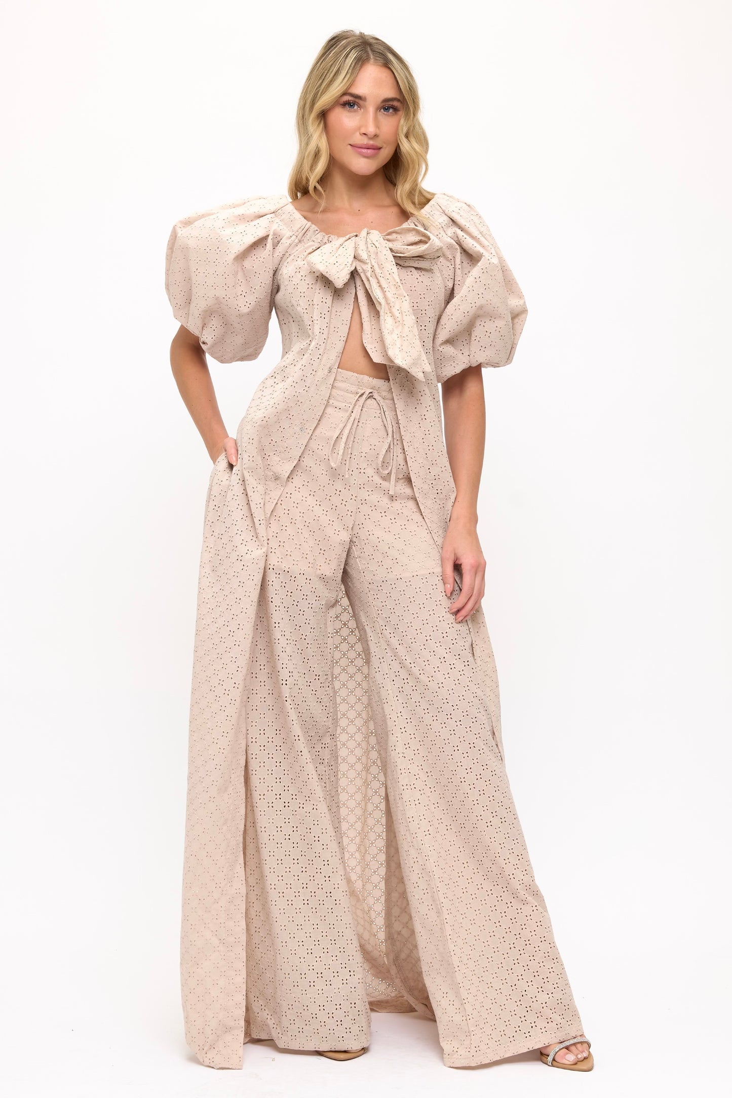 Cotton eyelet off shoulder top cape