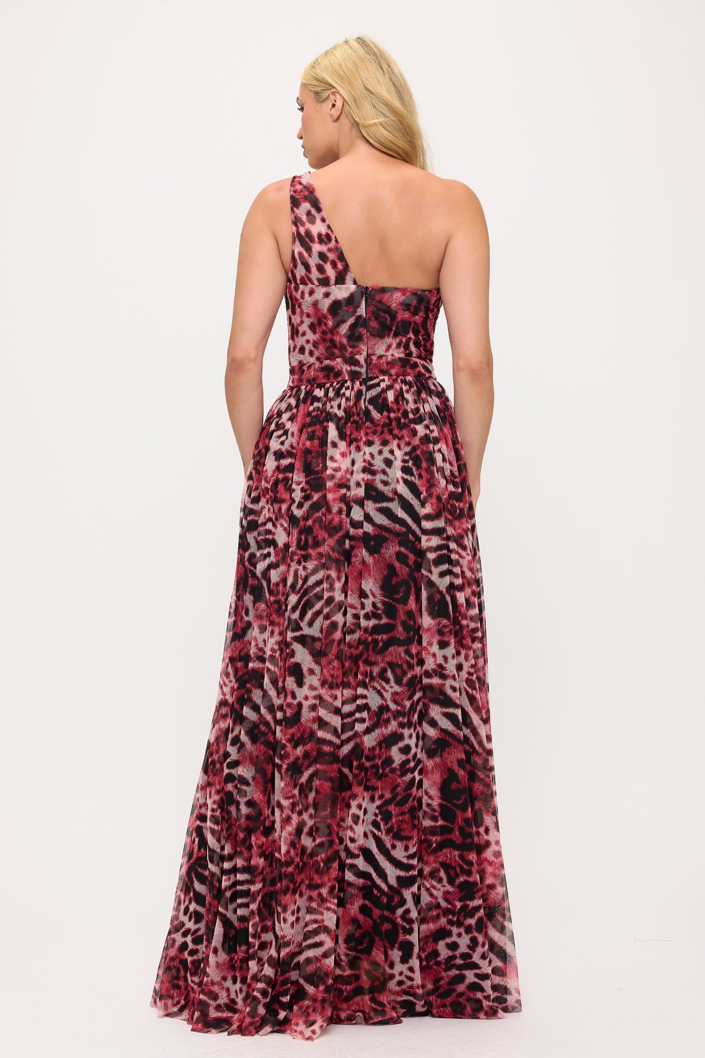 Animal Print one shoulder chiffon side slit maxi gown