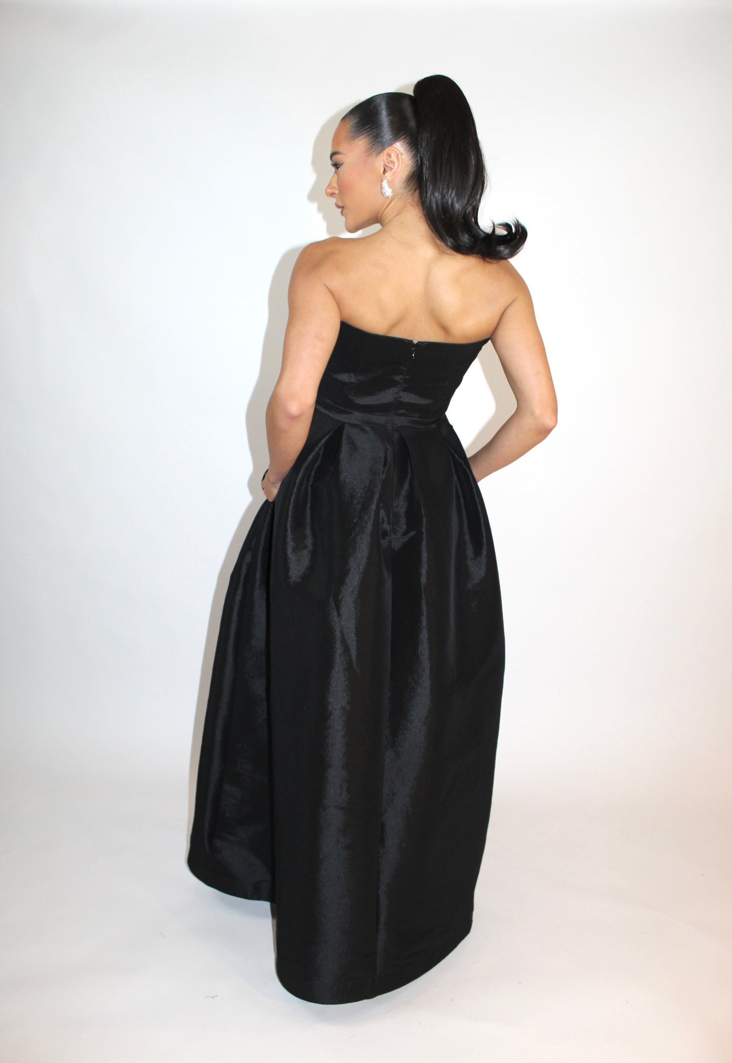 Pre-Order Indulge in luxury taffeta button detail strapless corset gown w pockets