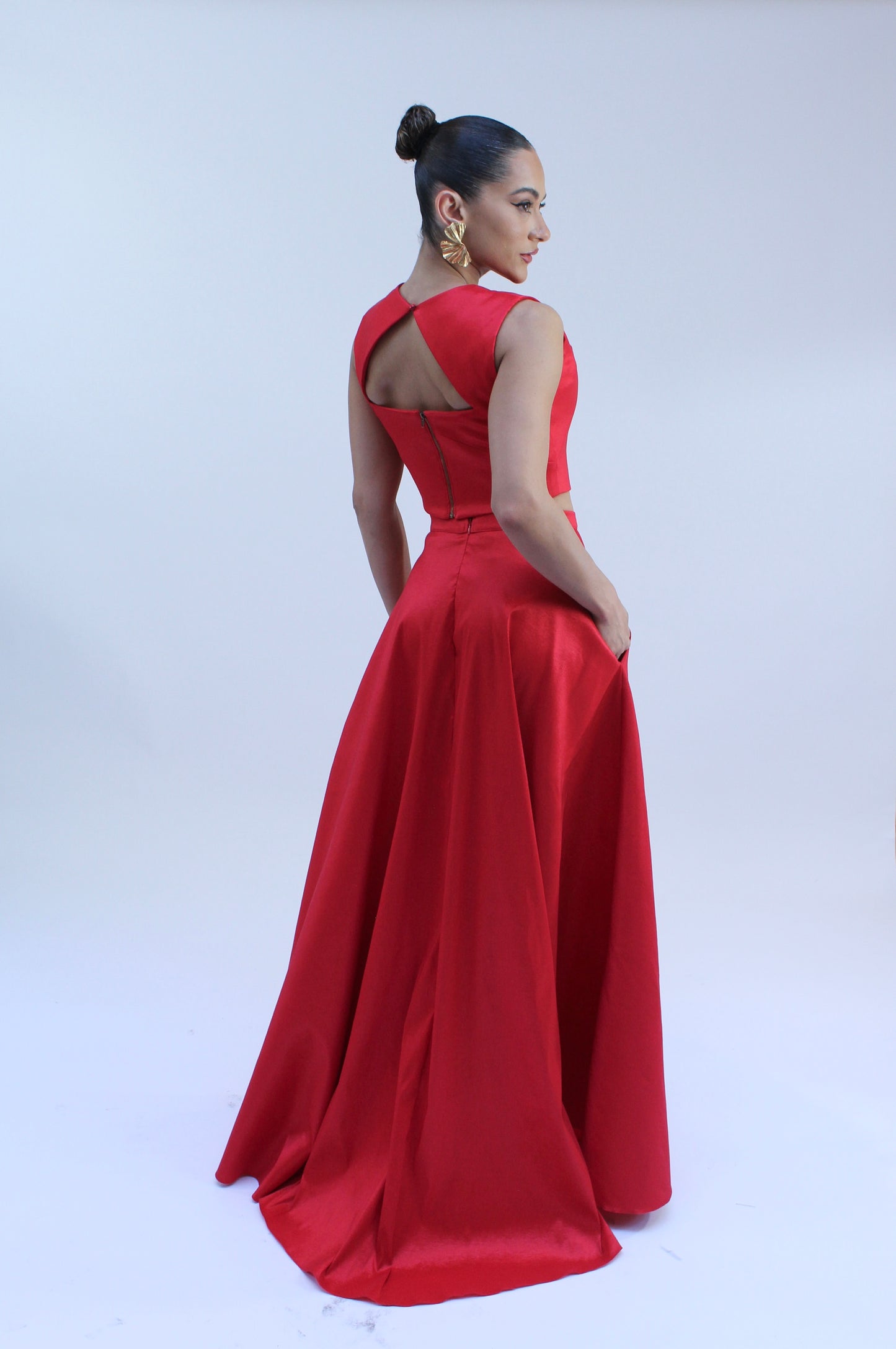 Taffeta crop top and high waisted slit maxi skirt set