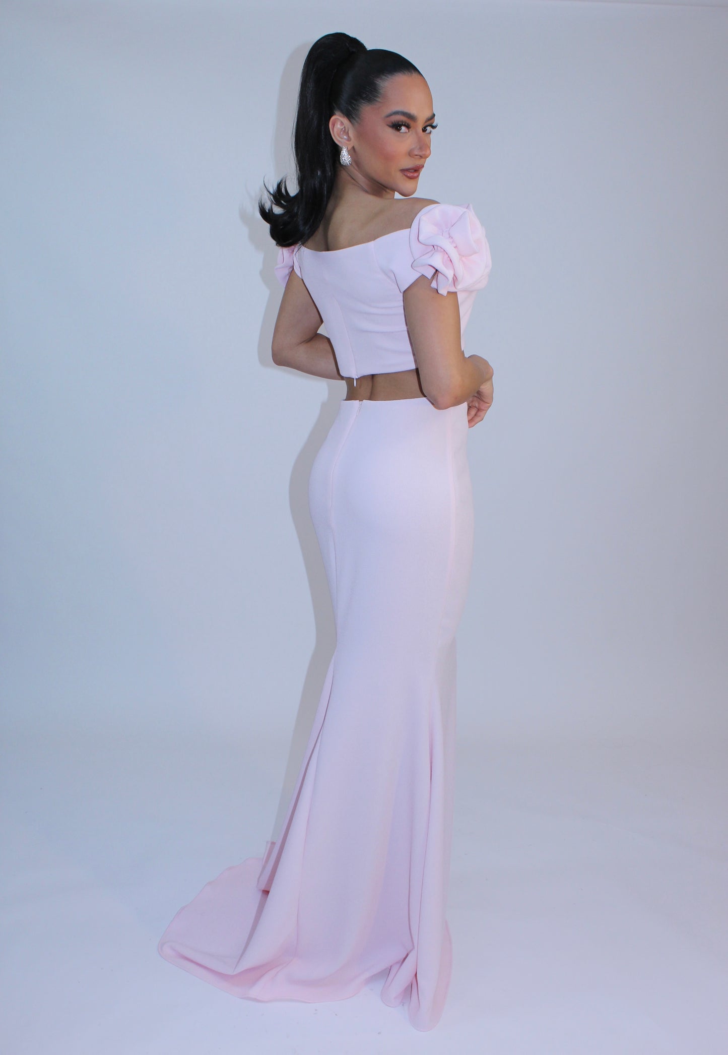 Rose detail off shoulder crop top and maxi skirt set