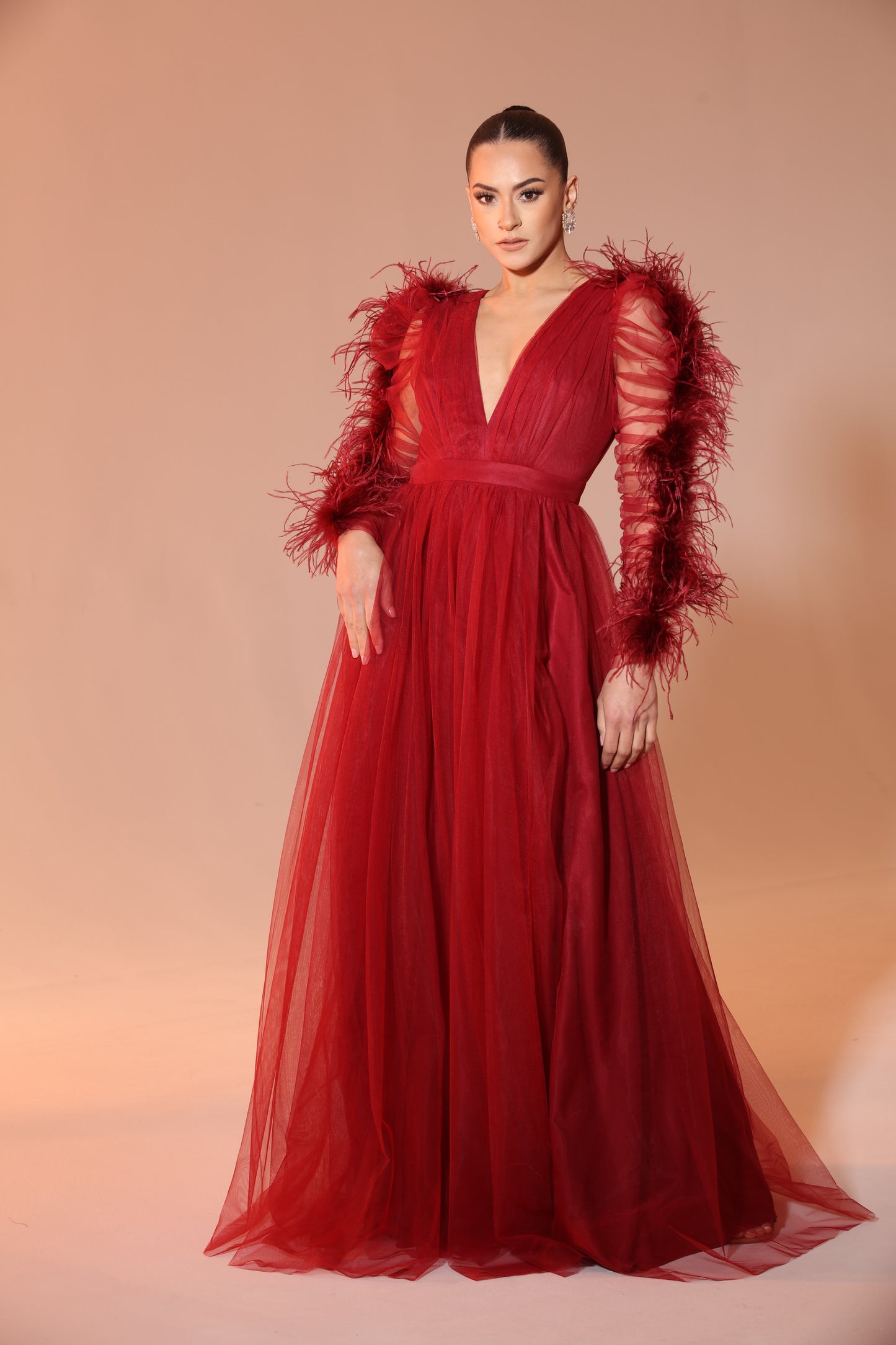 Pre-Order Evvie feather trim tulle slit gown