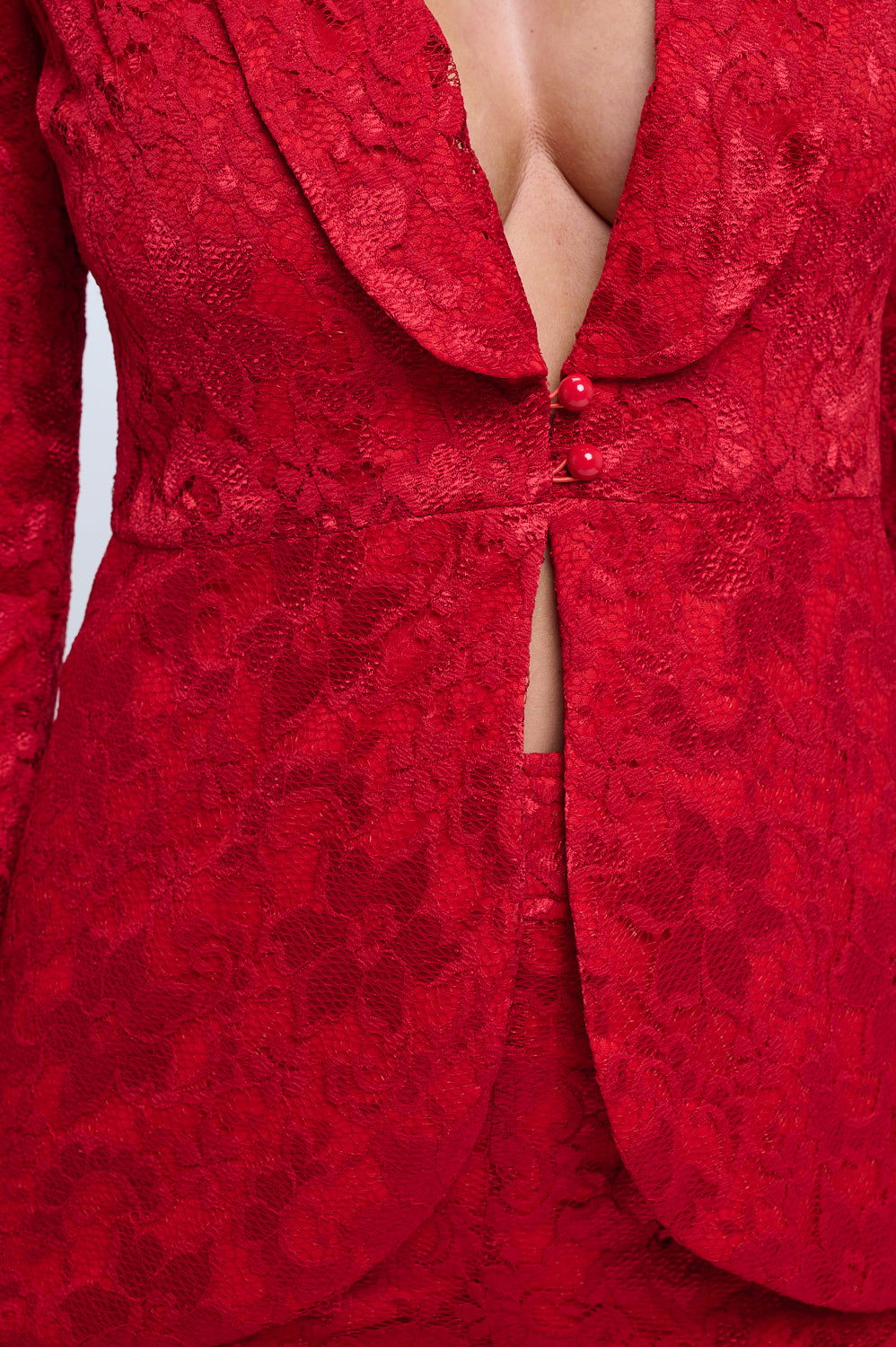 Stretchy floral lace tulip hem jacket and high waisted pants suit set