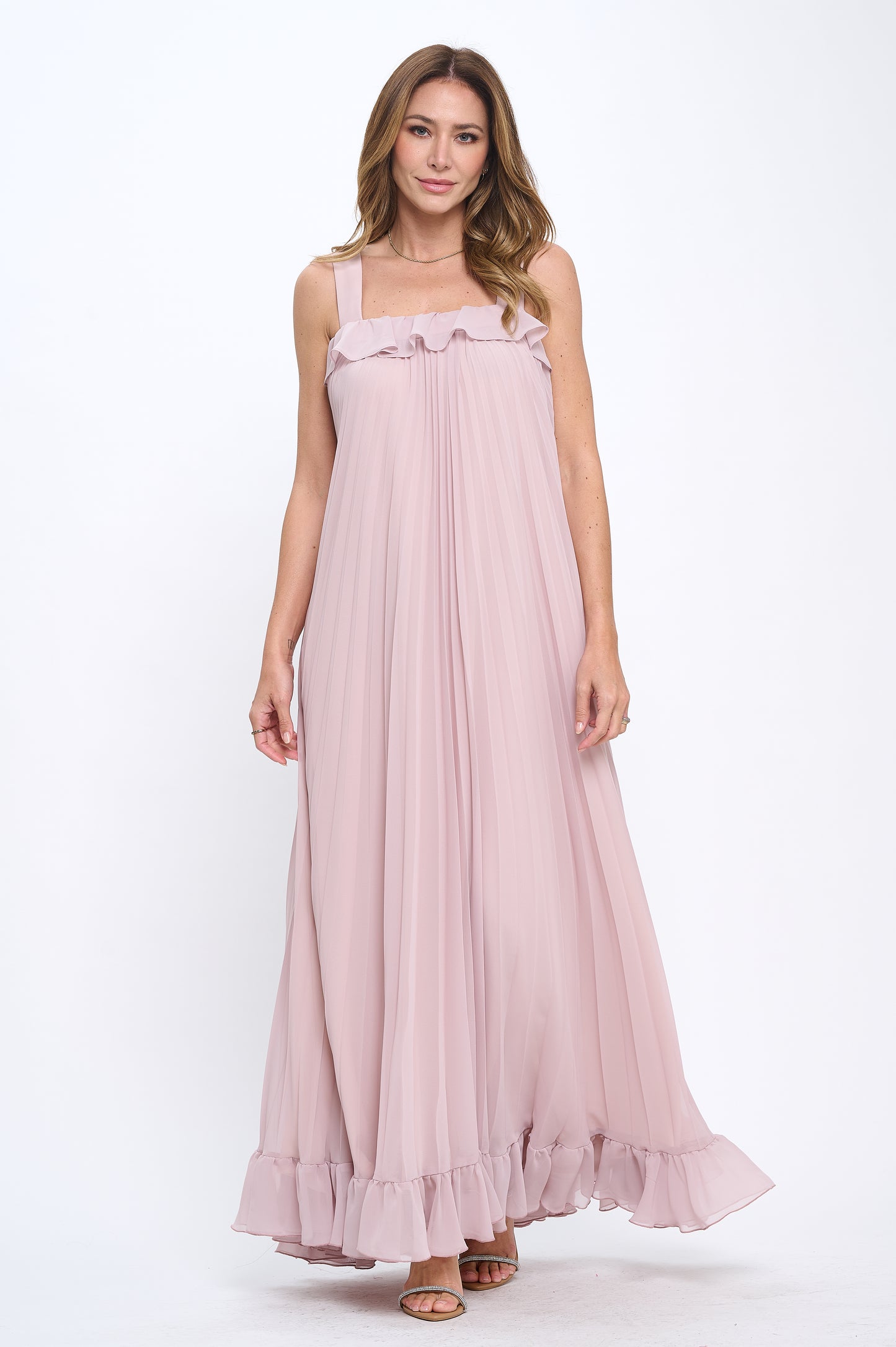Pleated chiffon flowy ruffle maxi dress