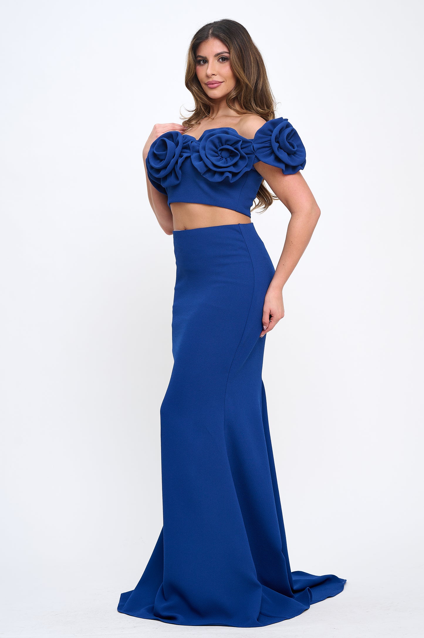Rose detail off shoulder crop top and maxi skirt set