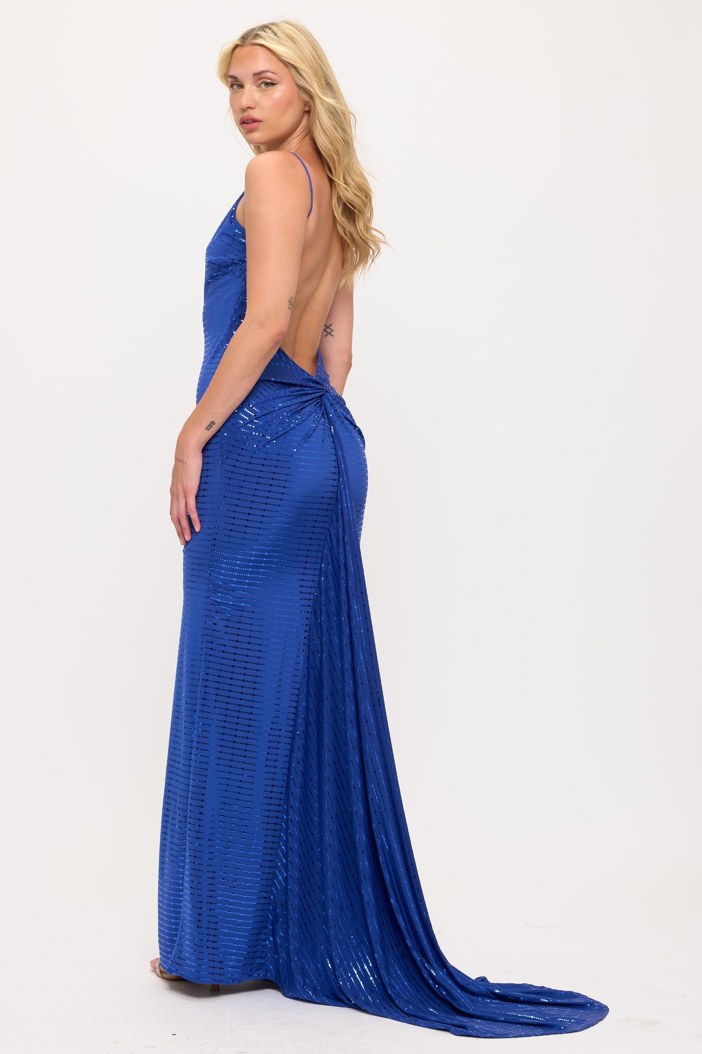 Metallic hourglass open knot back draping silhouette gown