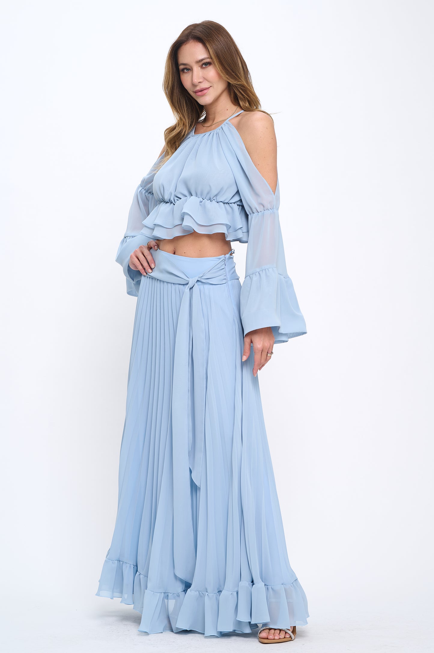 Chiffon ruffle crop top and maxi skirt set