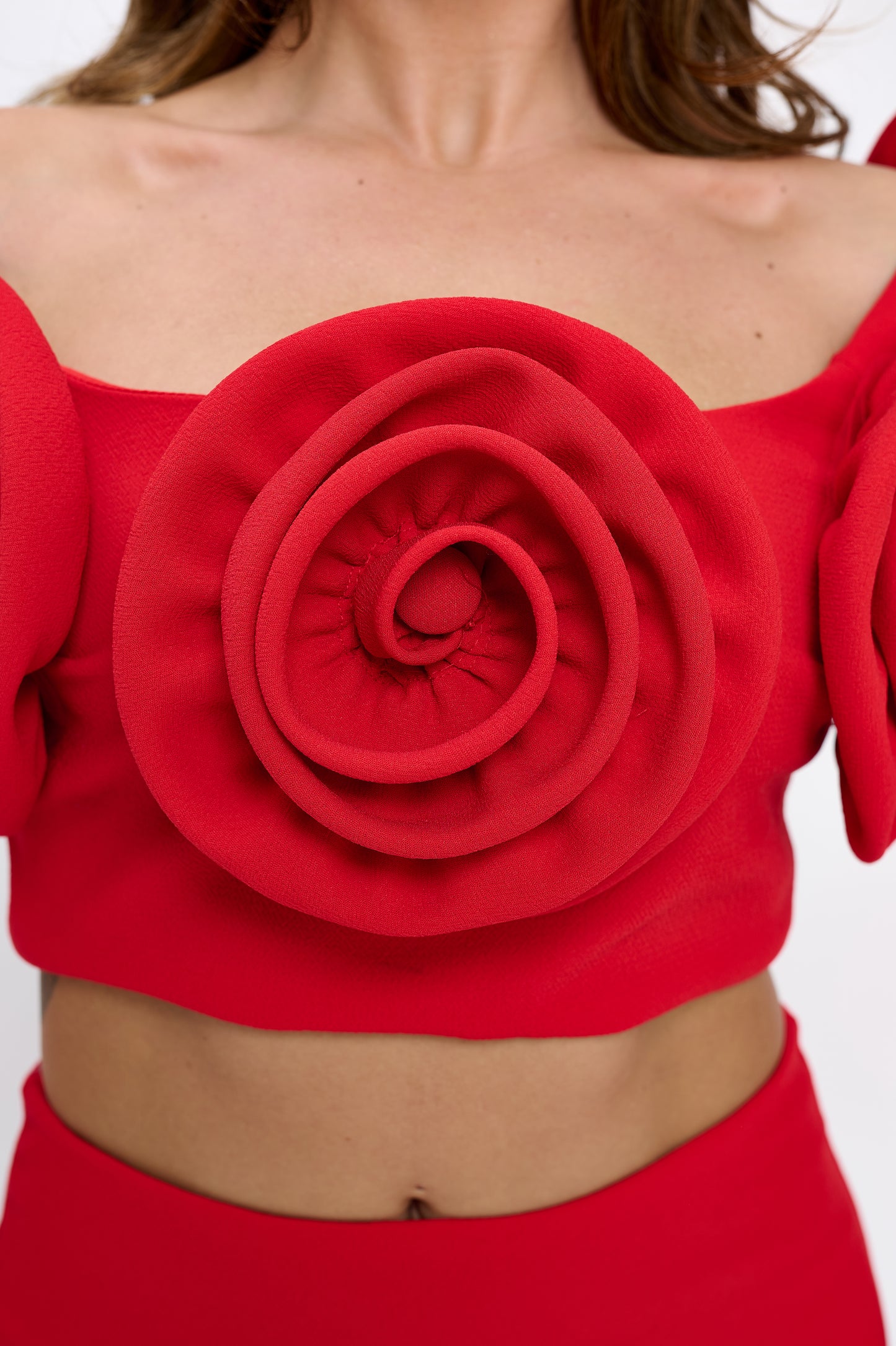 Rose detail off shoulder crop top and maxi skirt set