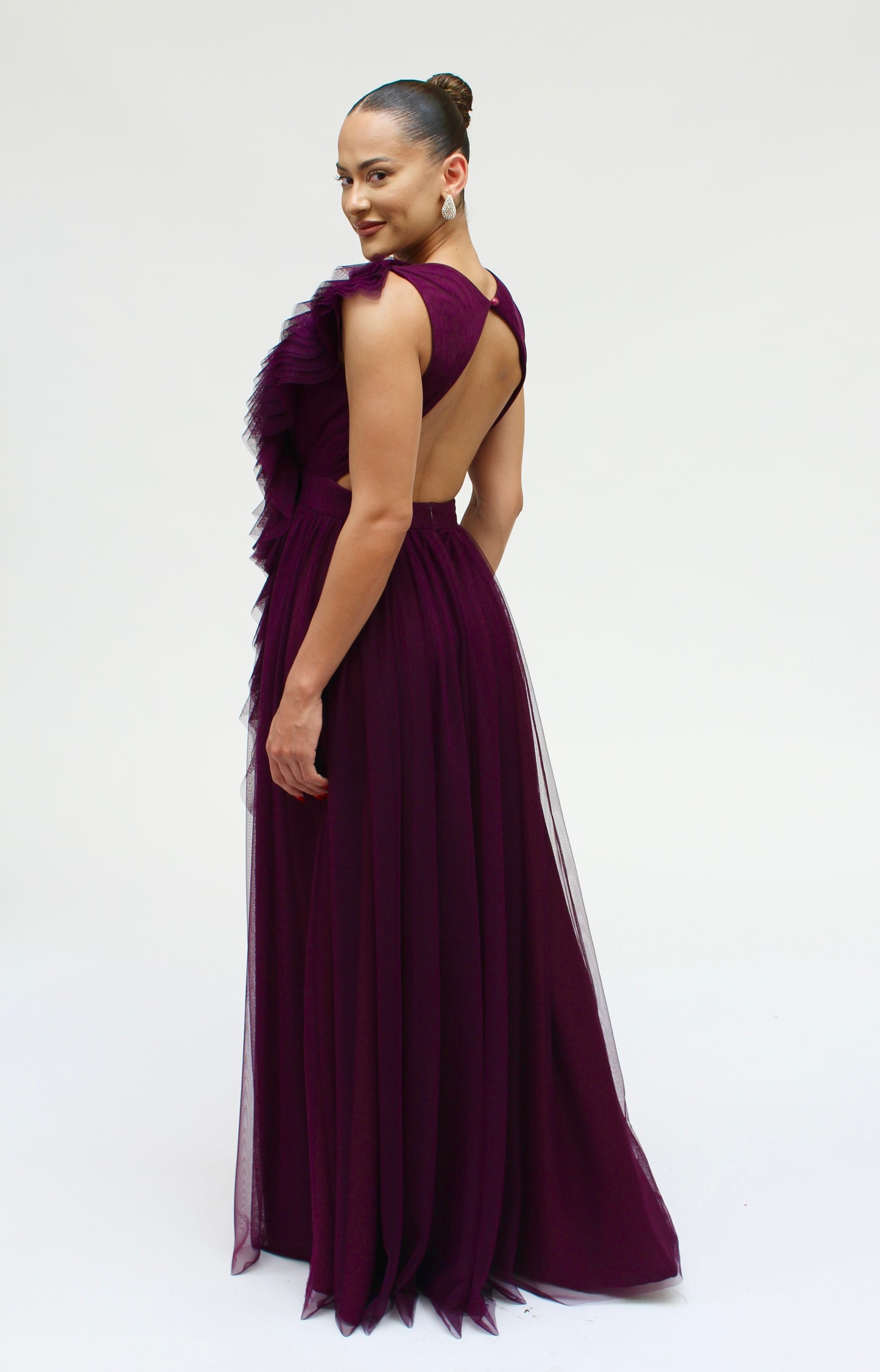 Elegant engagement ruffle layered tulle cascading gown with front slit