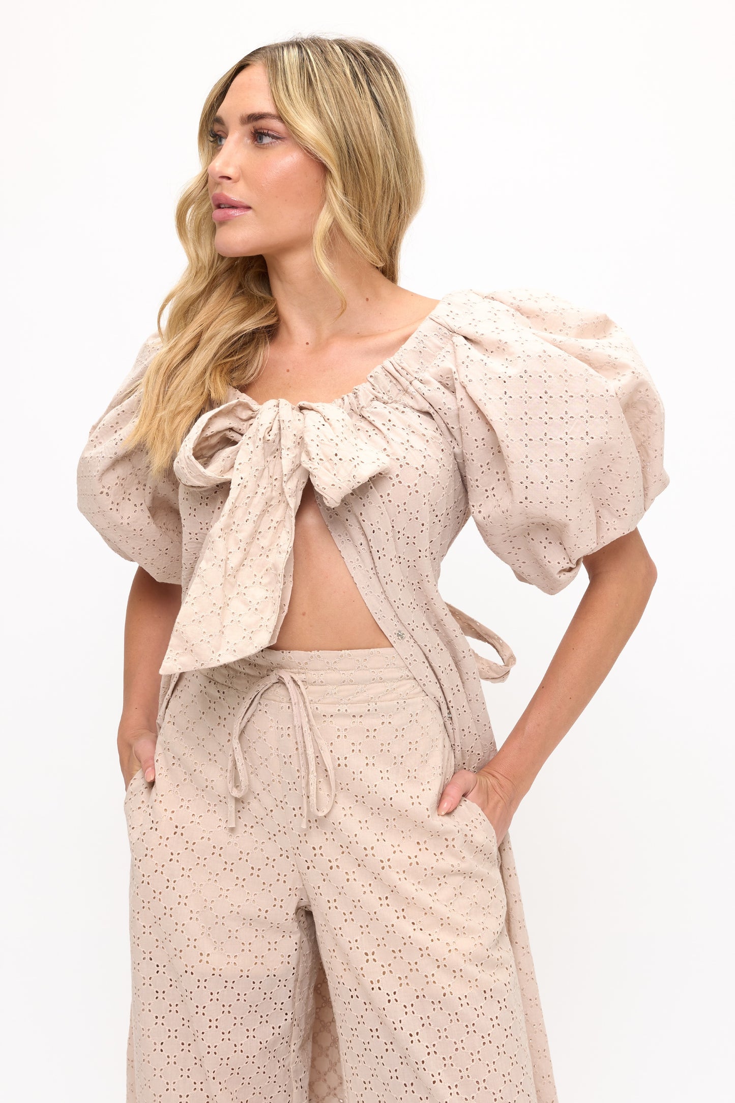 Cotton eyelet off shoulder top cape