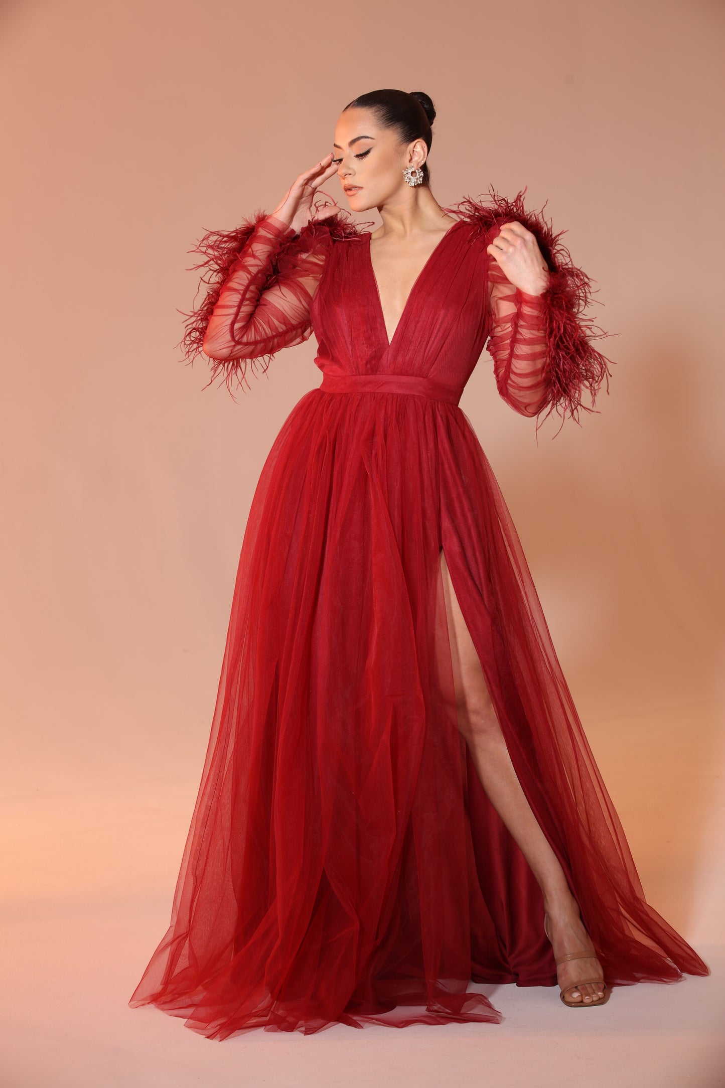 Pre-Order Evvie feather trim tulle slit gown