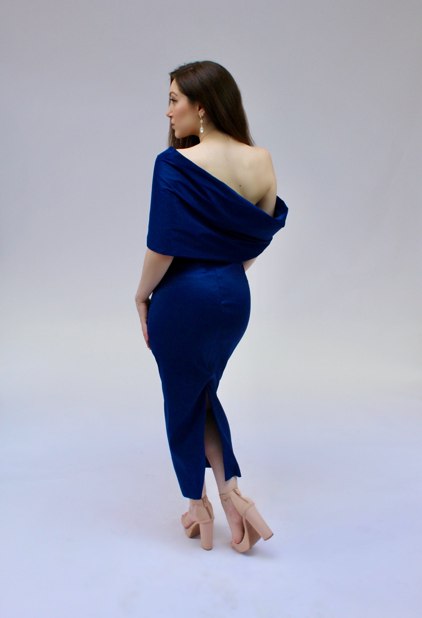 Taffeta twist tea length off shoulder gathered midi back slit dress