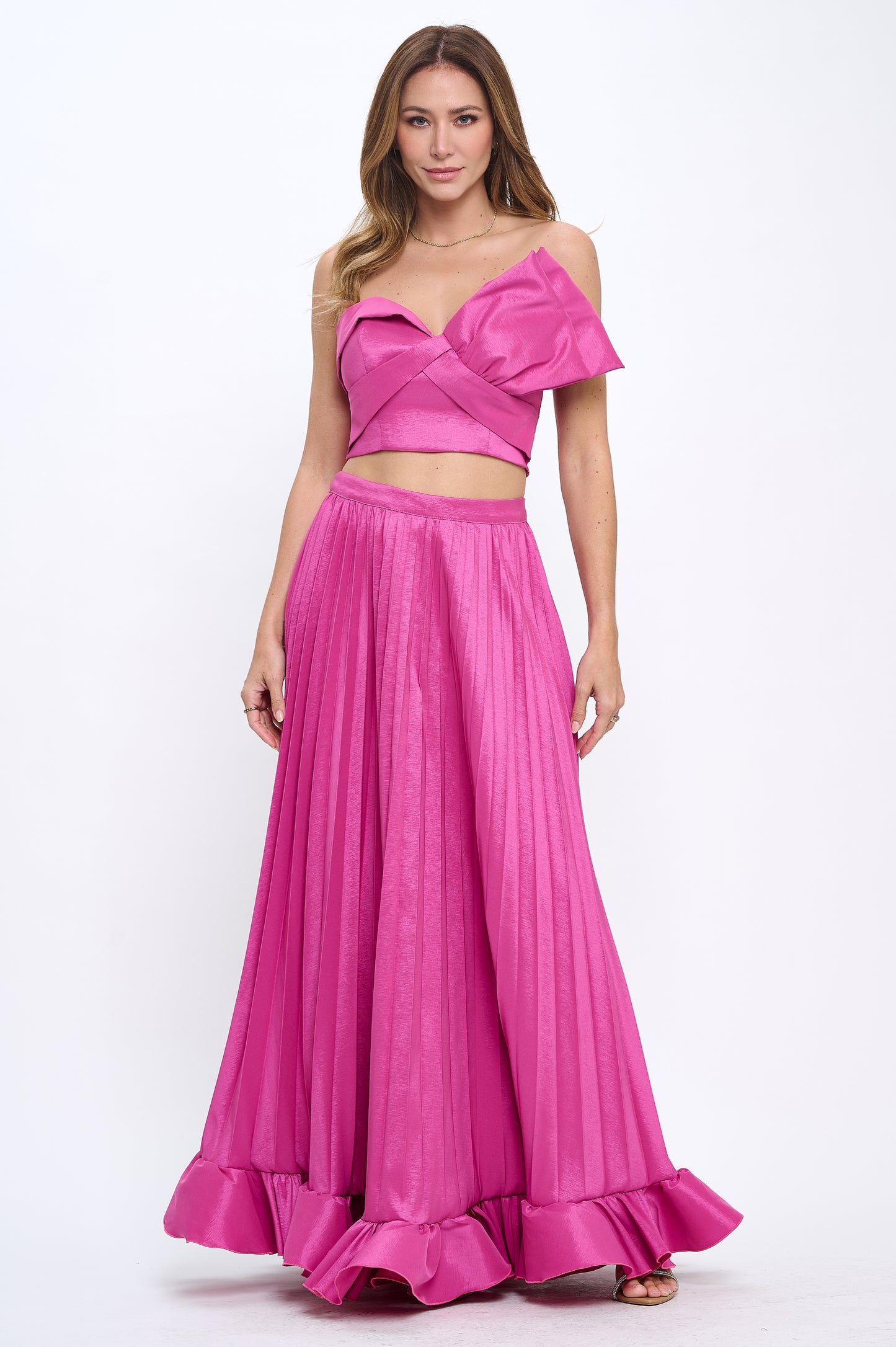 Taffeta bow crop top and pleated maxi skirt set