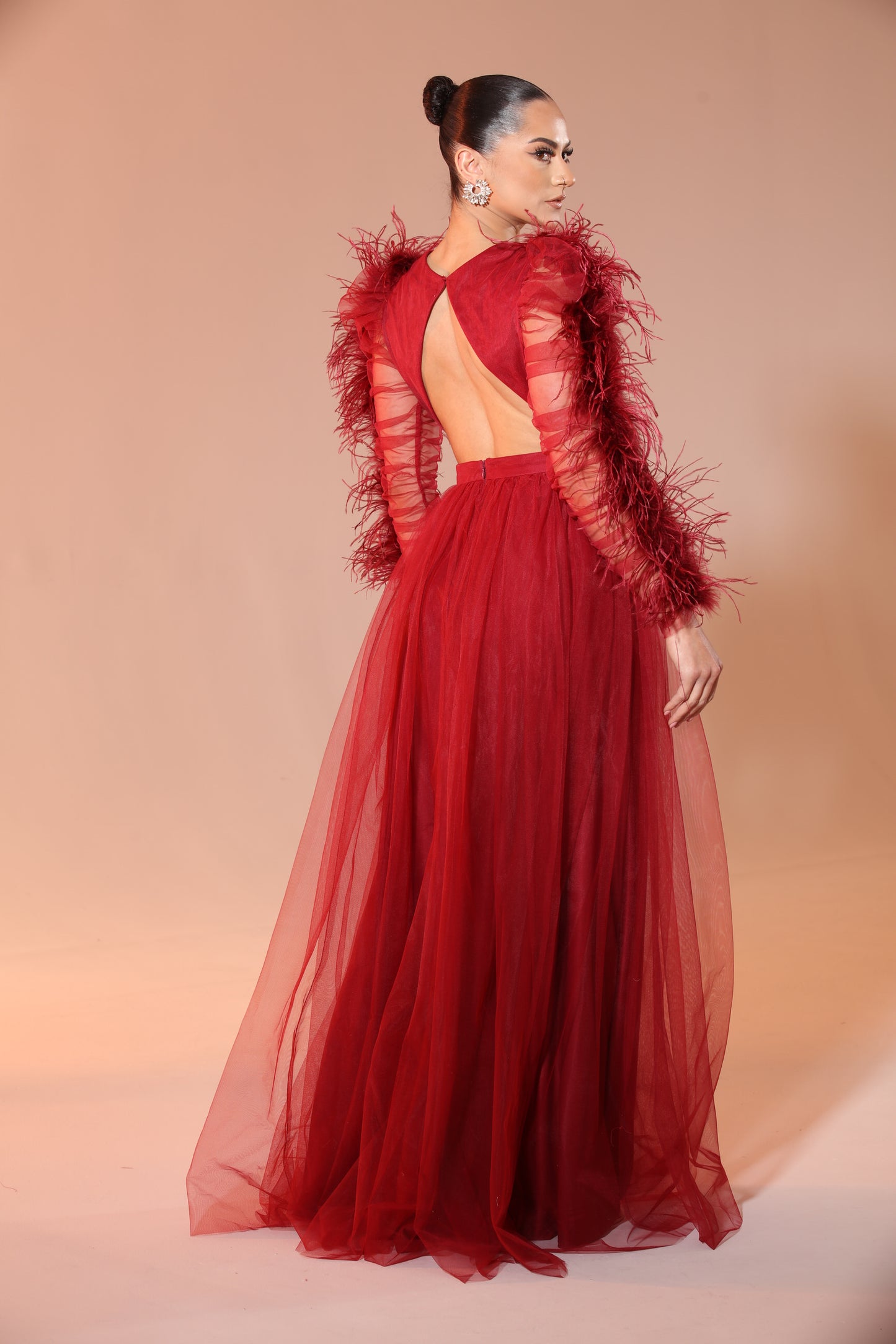 Pre-Order Evvie feather trim tulle slit gown