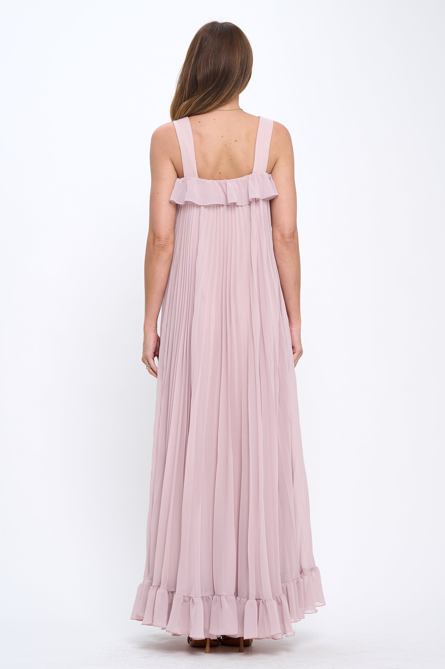Pleated chiffon flowy ruffle maxi dress