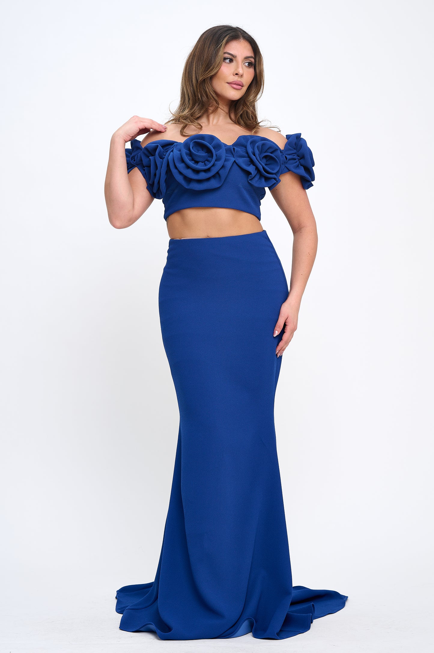 Rose detail off shoulder crop top and maxi skirt set