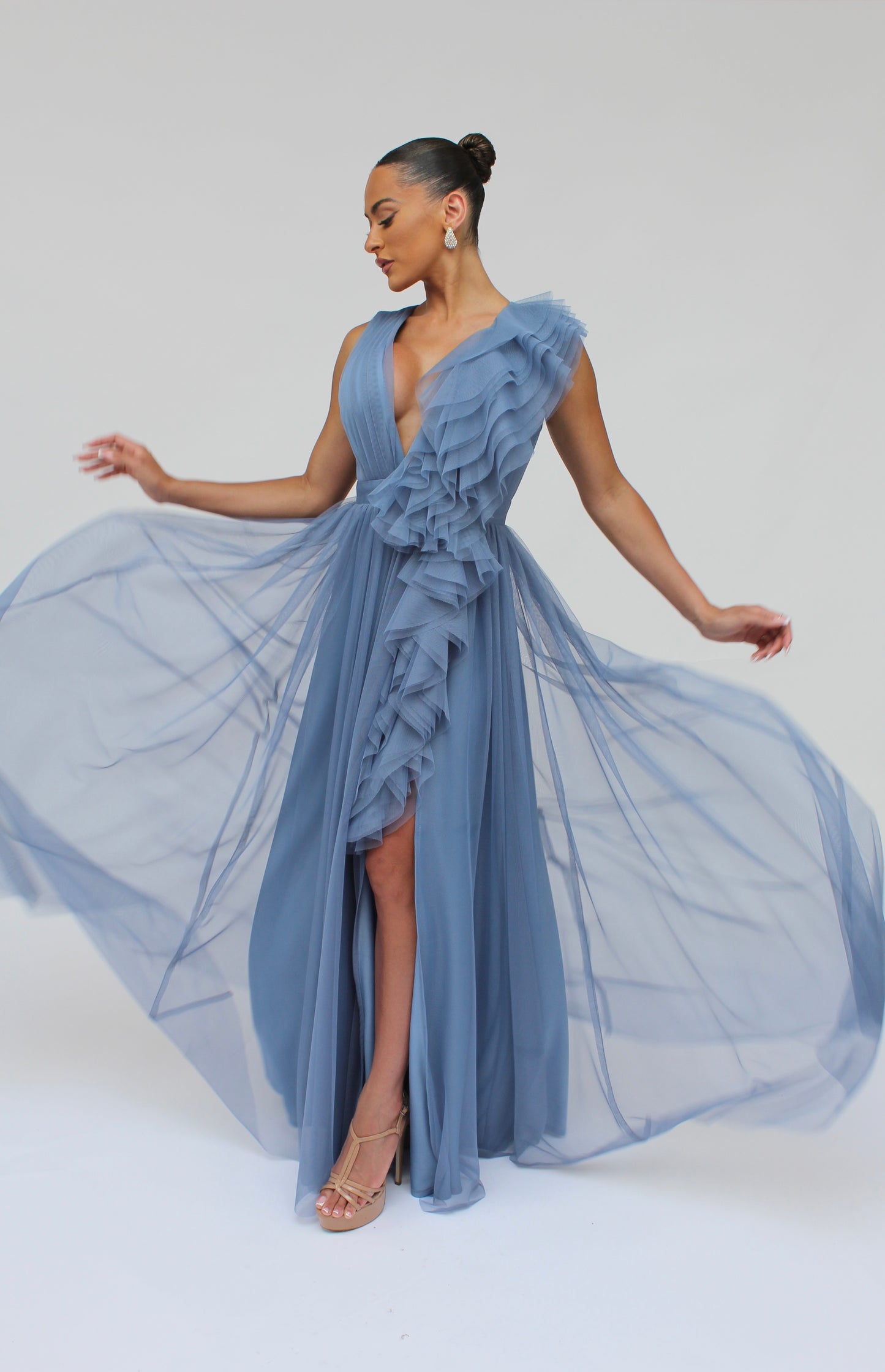 Elegant engagement ruffle layered tulle cascading gown with front slit