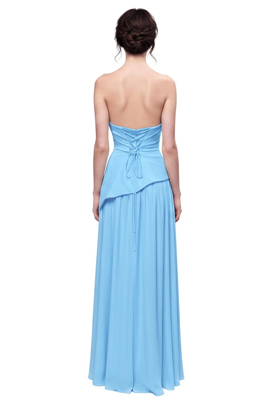 Strapless corset asymetrical peplum dobby slit gown and matching scarf