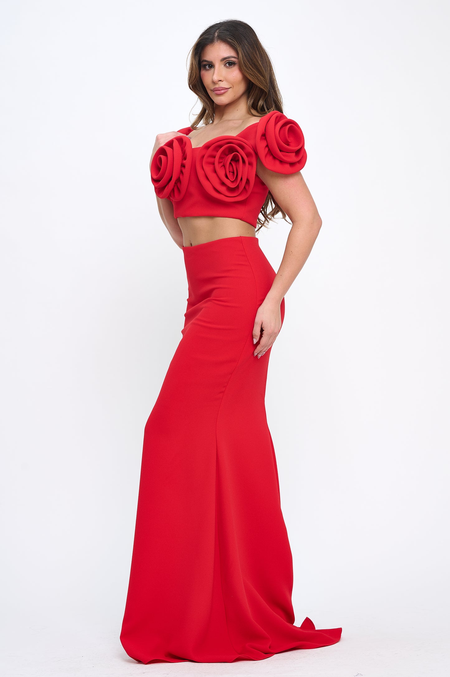 Rose detail off shoulder crop top and maxi skirt set