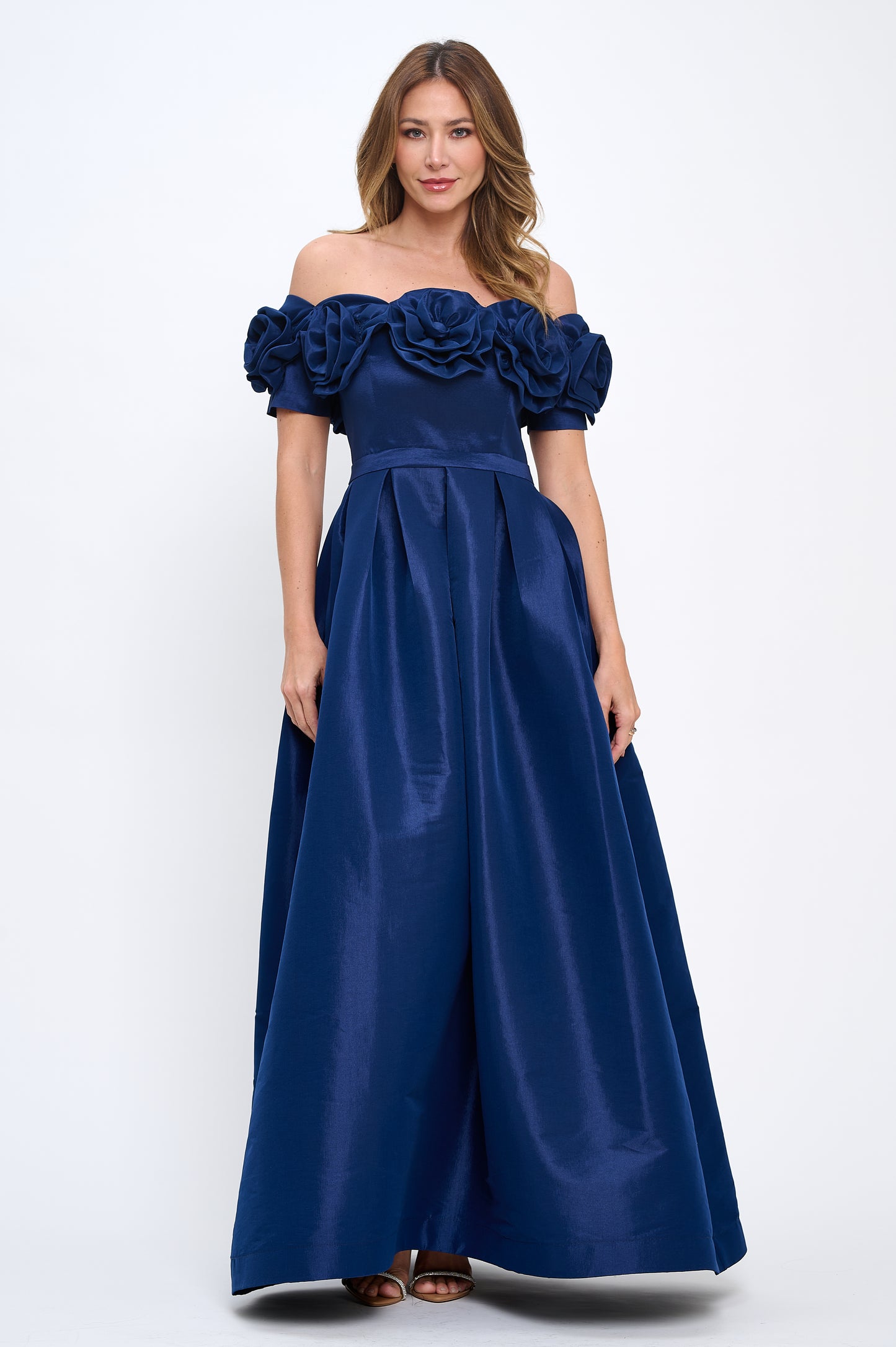 Rose bloom off shoulder taffeta gown