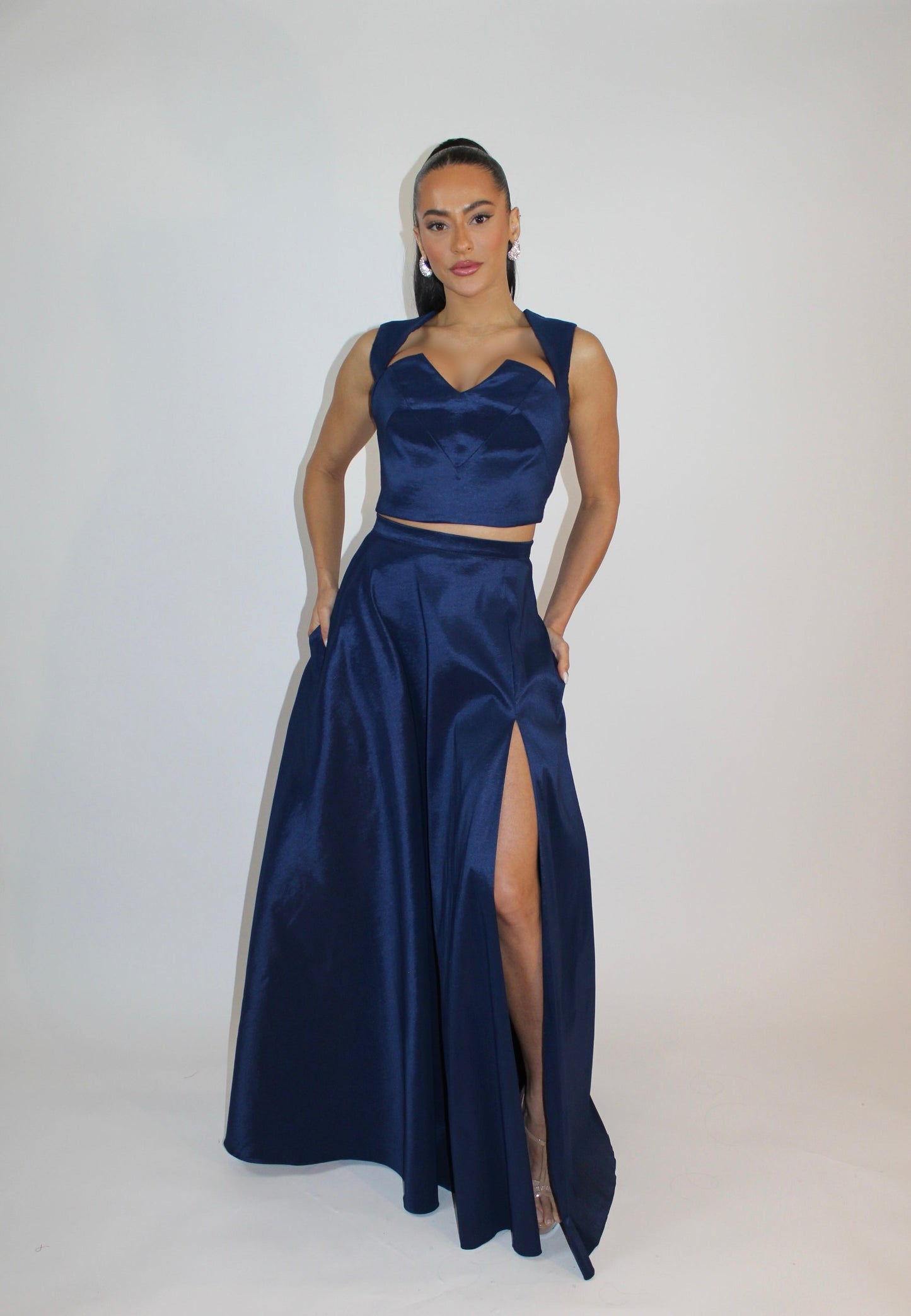 Taffeta crop top and high waisted slit maxi skirt set