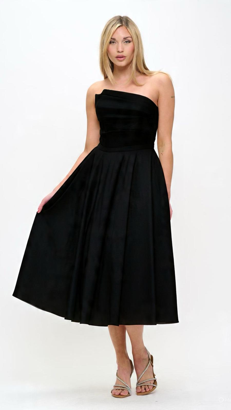 Strapless asymmetrical taffeta tea length dress