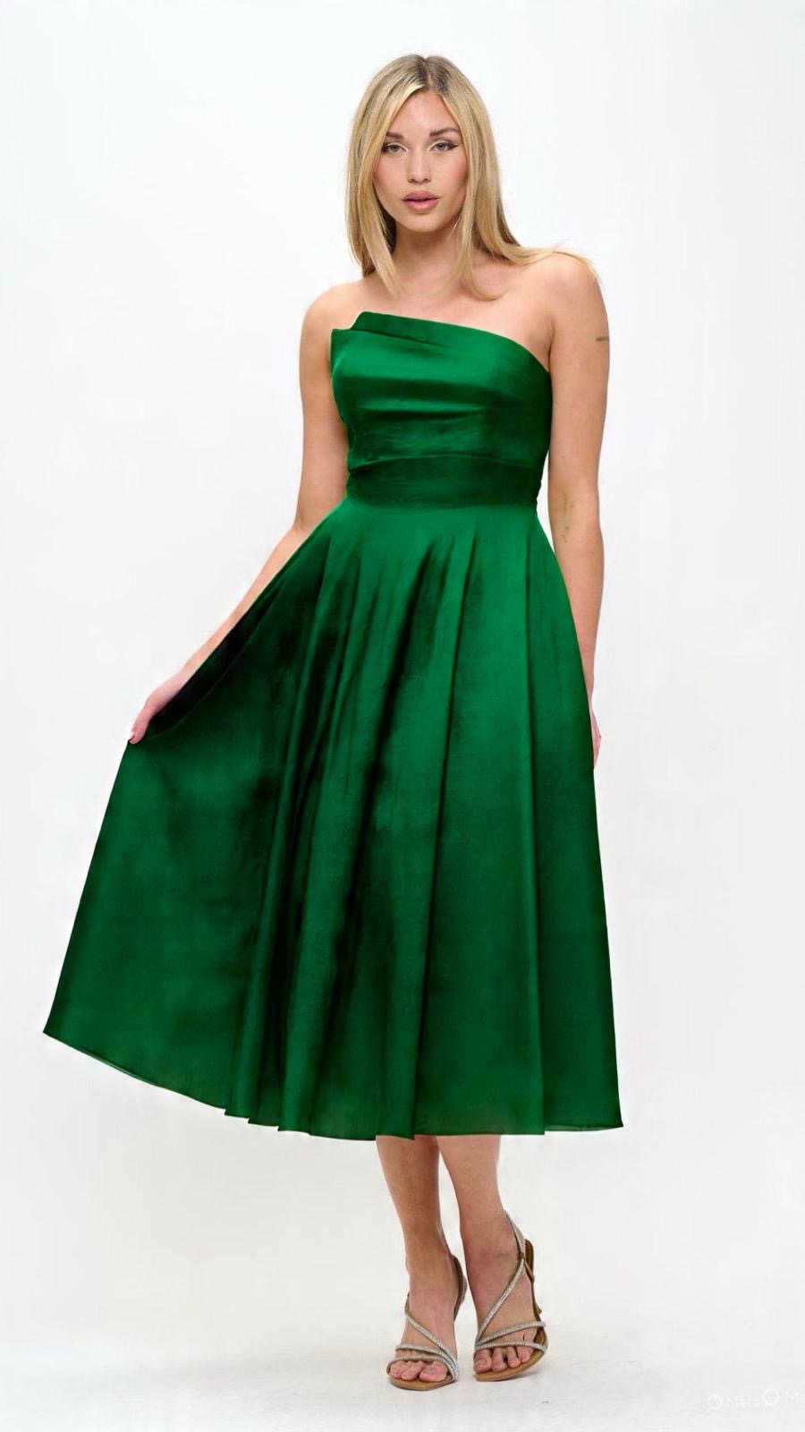 Strapless asymmetrical taffeta tea length dress