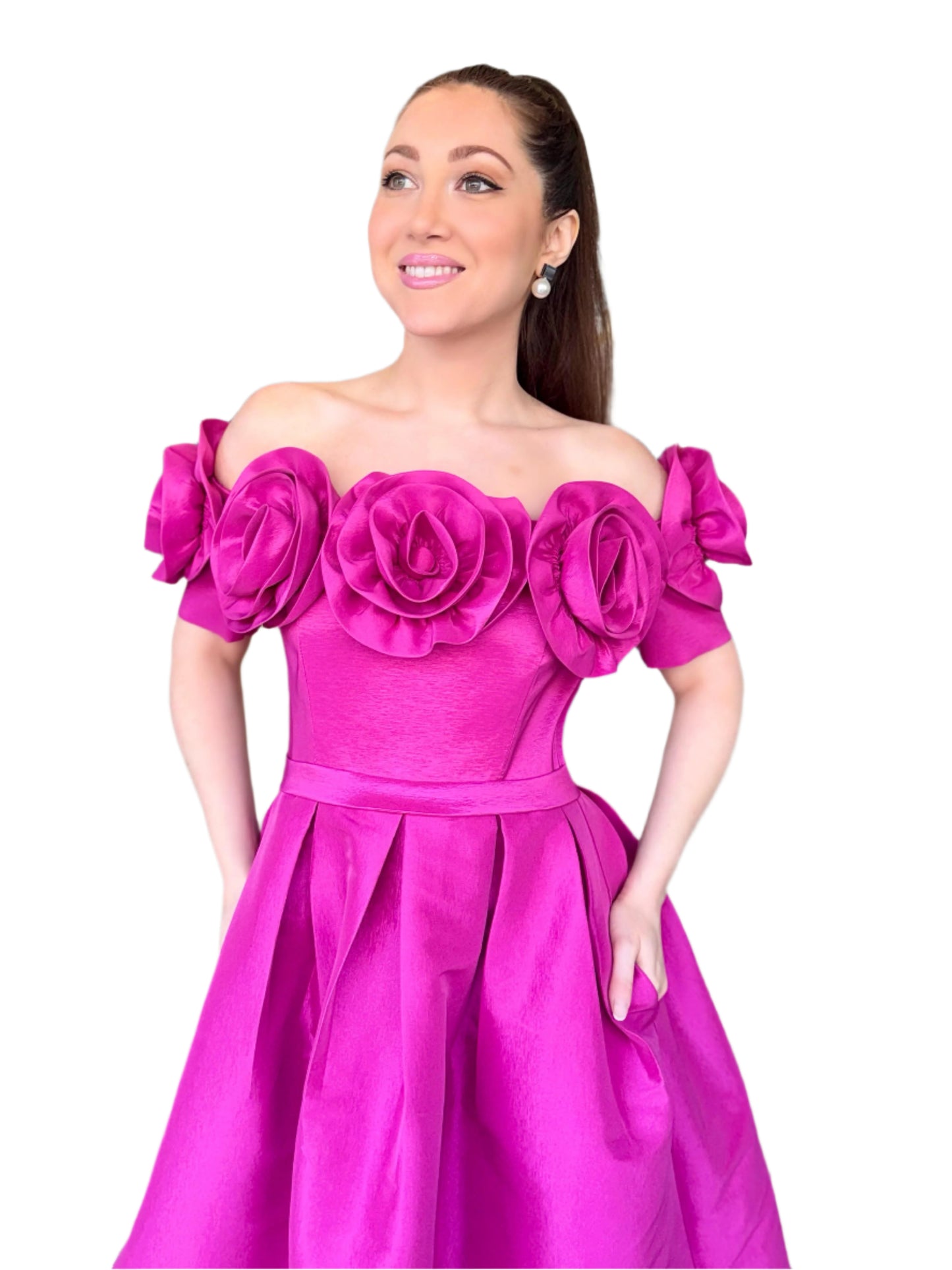 Rose bloom off shoulder taffeta gown