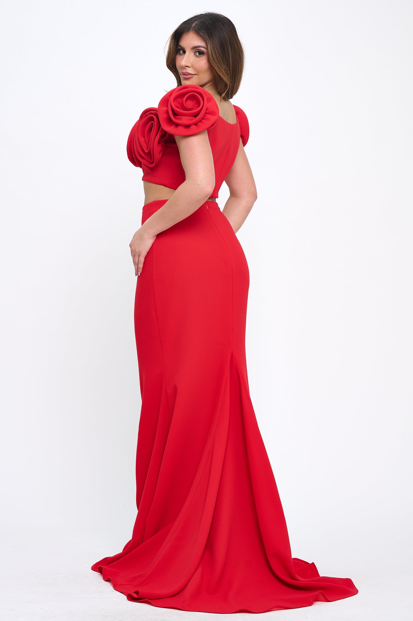 Rose detail off shoulder crop top and maxi skirt set