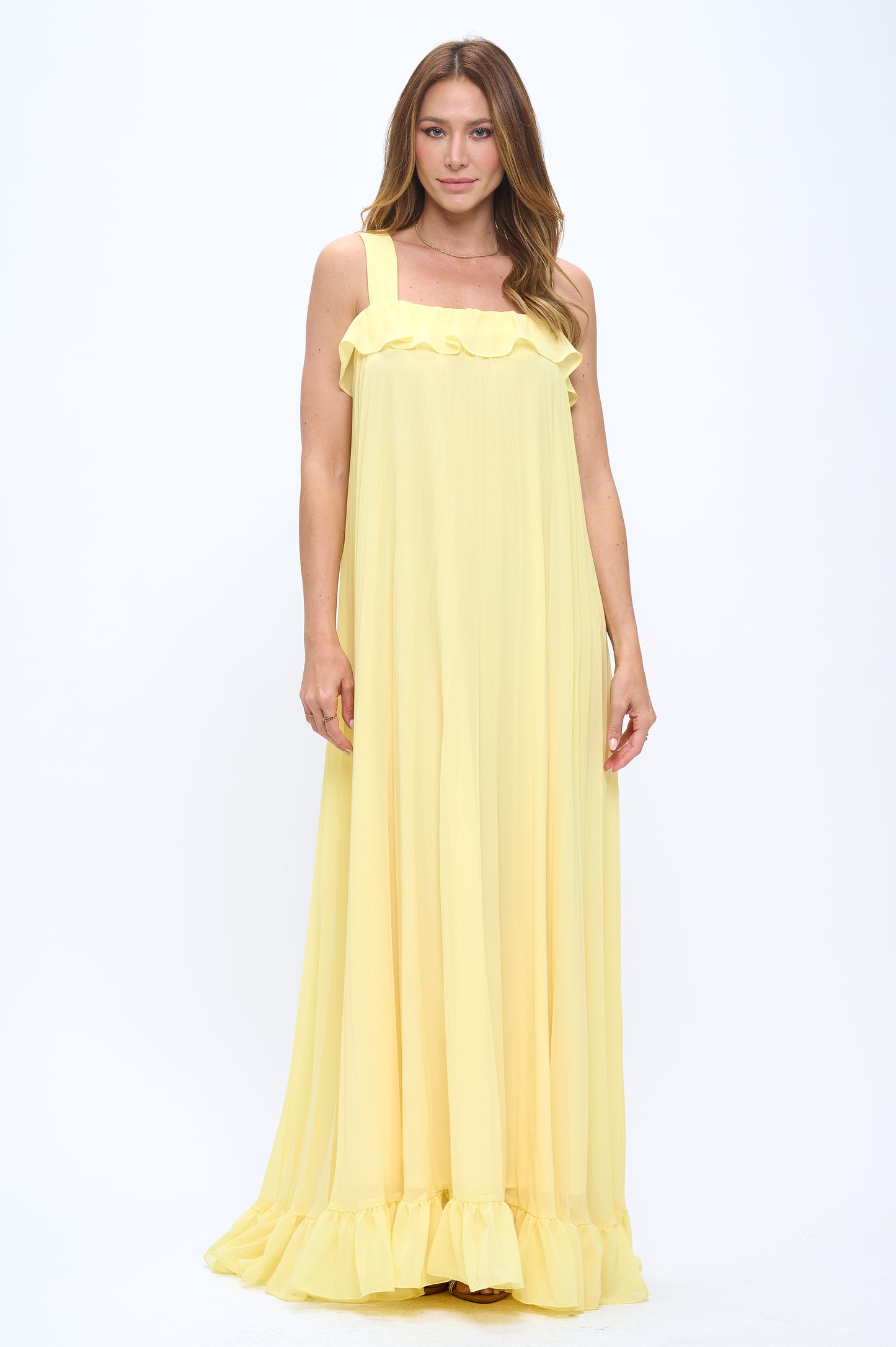 Pleated chiffon flowy ruffle maxi dress