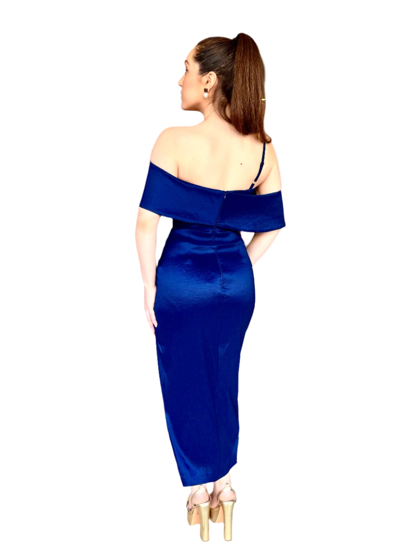 Classy demeanor off the shoulder bow midi taffeta dress