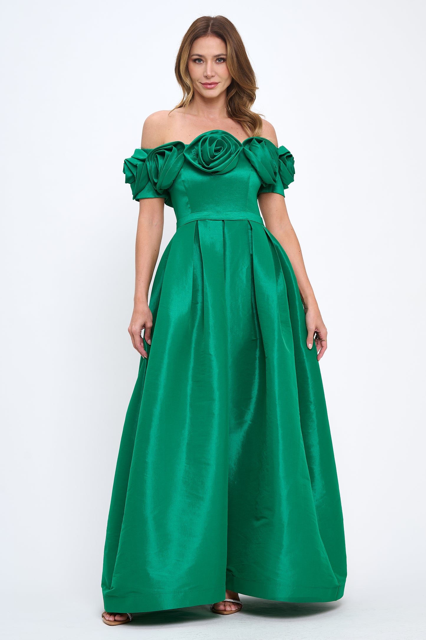 Rose bloom off shoulder taffeta gown