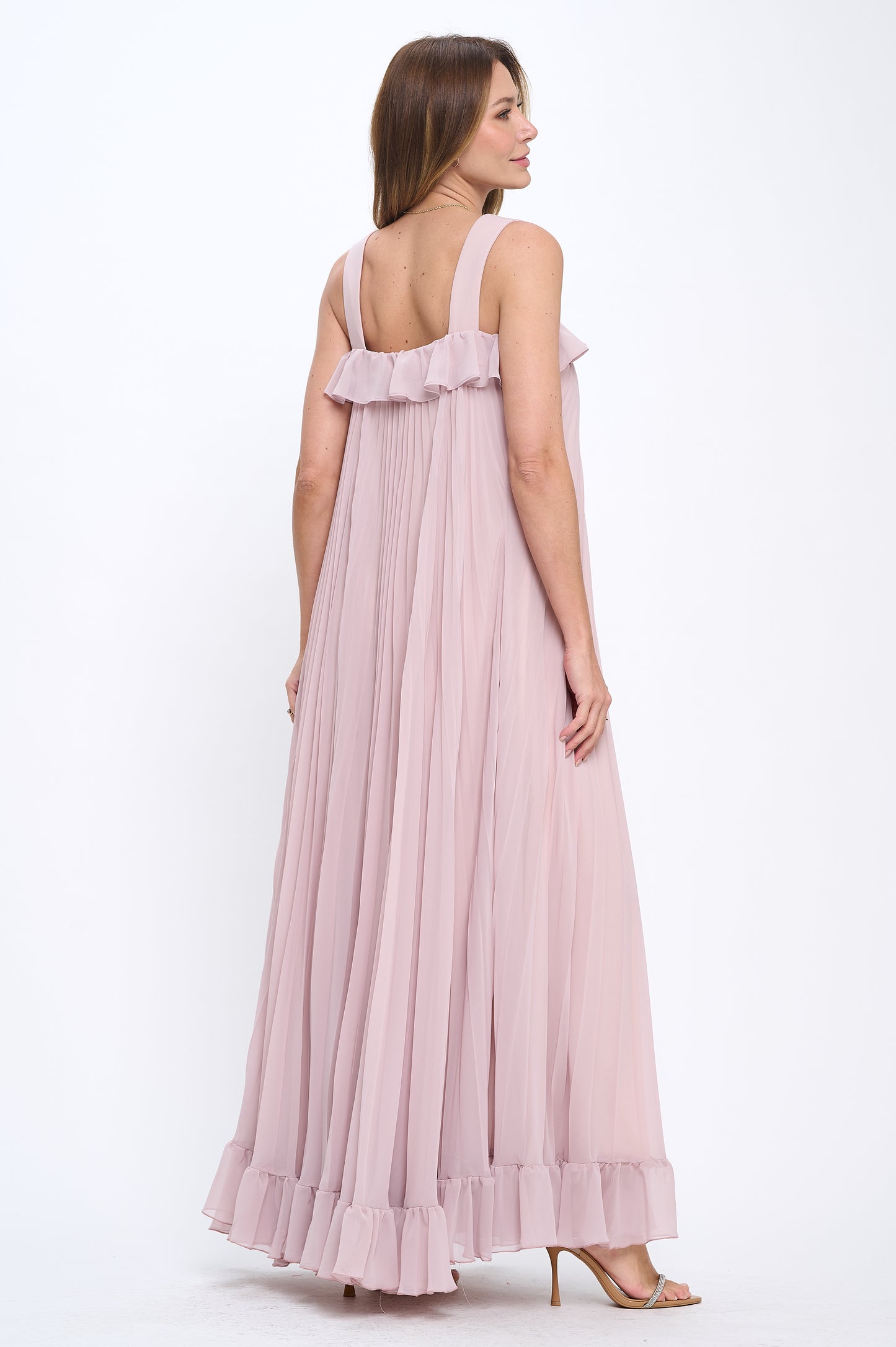 Pleated chiffon flowy ruffle maxi dress