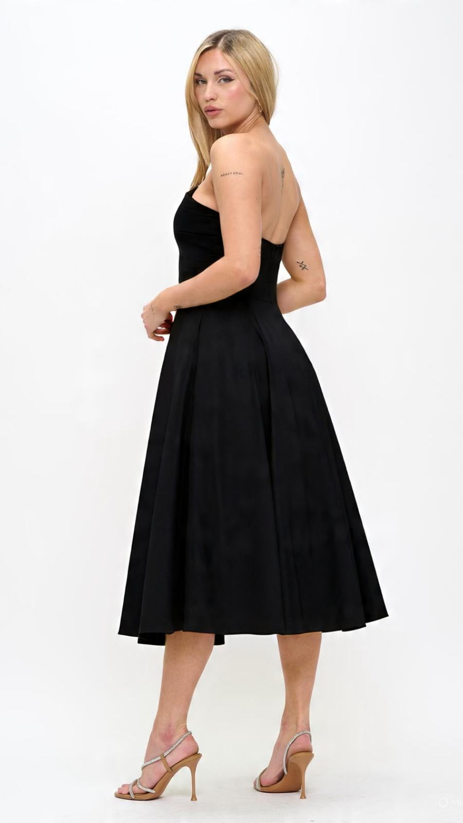 Strapless asymmetrical taffeta tea length dress