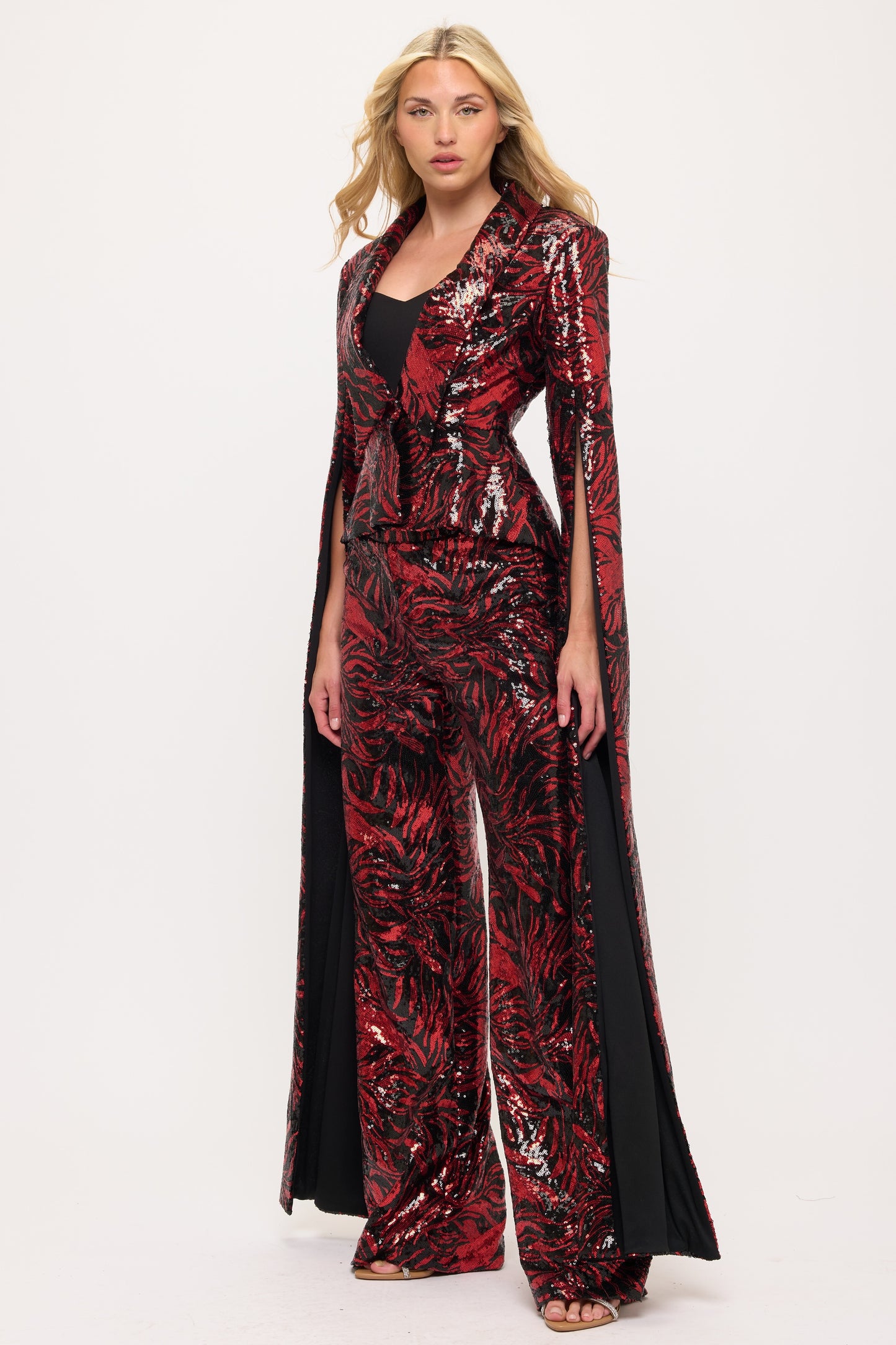 Shining sequin tiger striped split floor length sleeve jacket and high waisted pants suit set