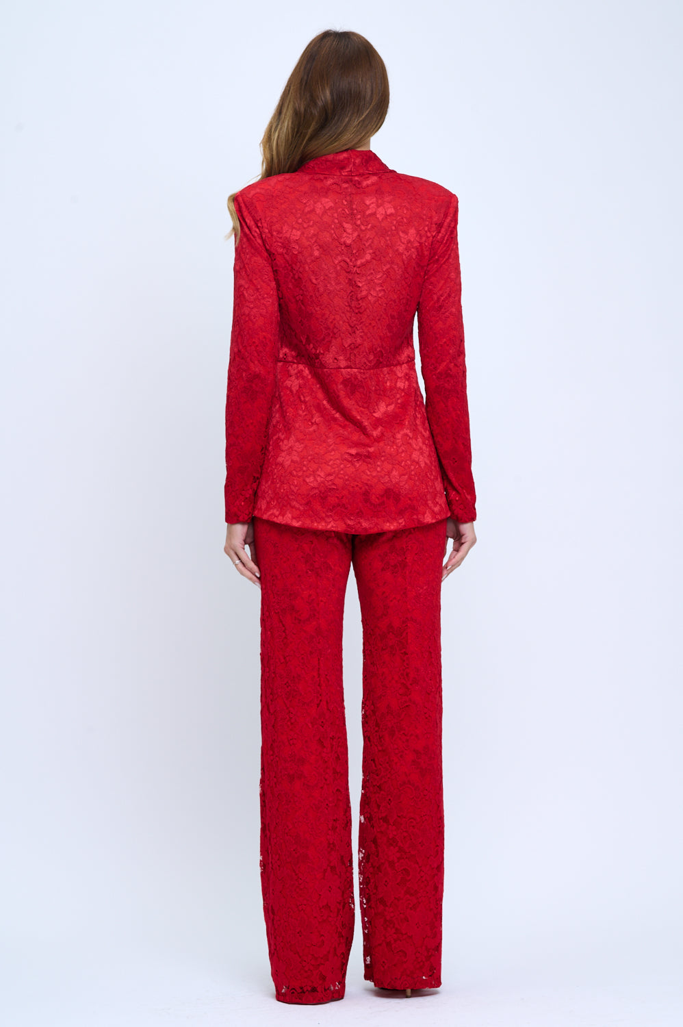 Stretchy floral lace tulip hem jacket and high waisted pants suit set