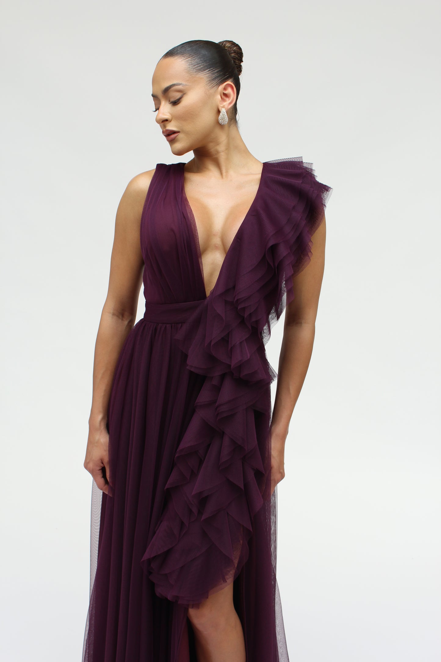 Elegant engagement ruffle layered tulle cascading gown with front slit