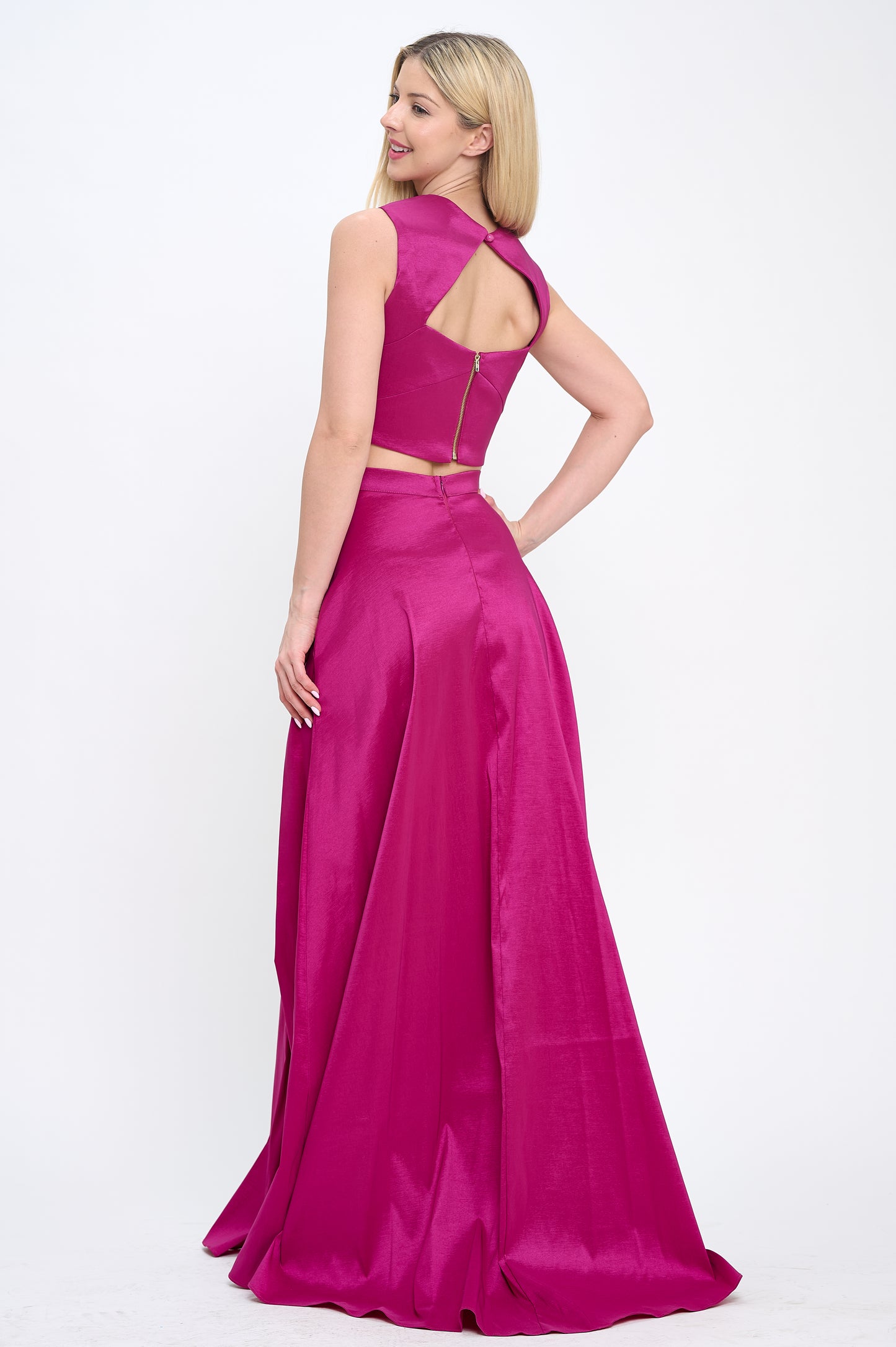 Taffeta crop top and high waisted slit maxi skirt set