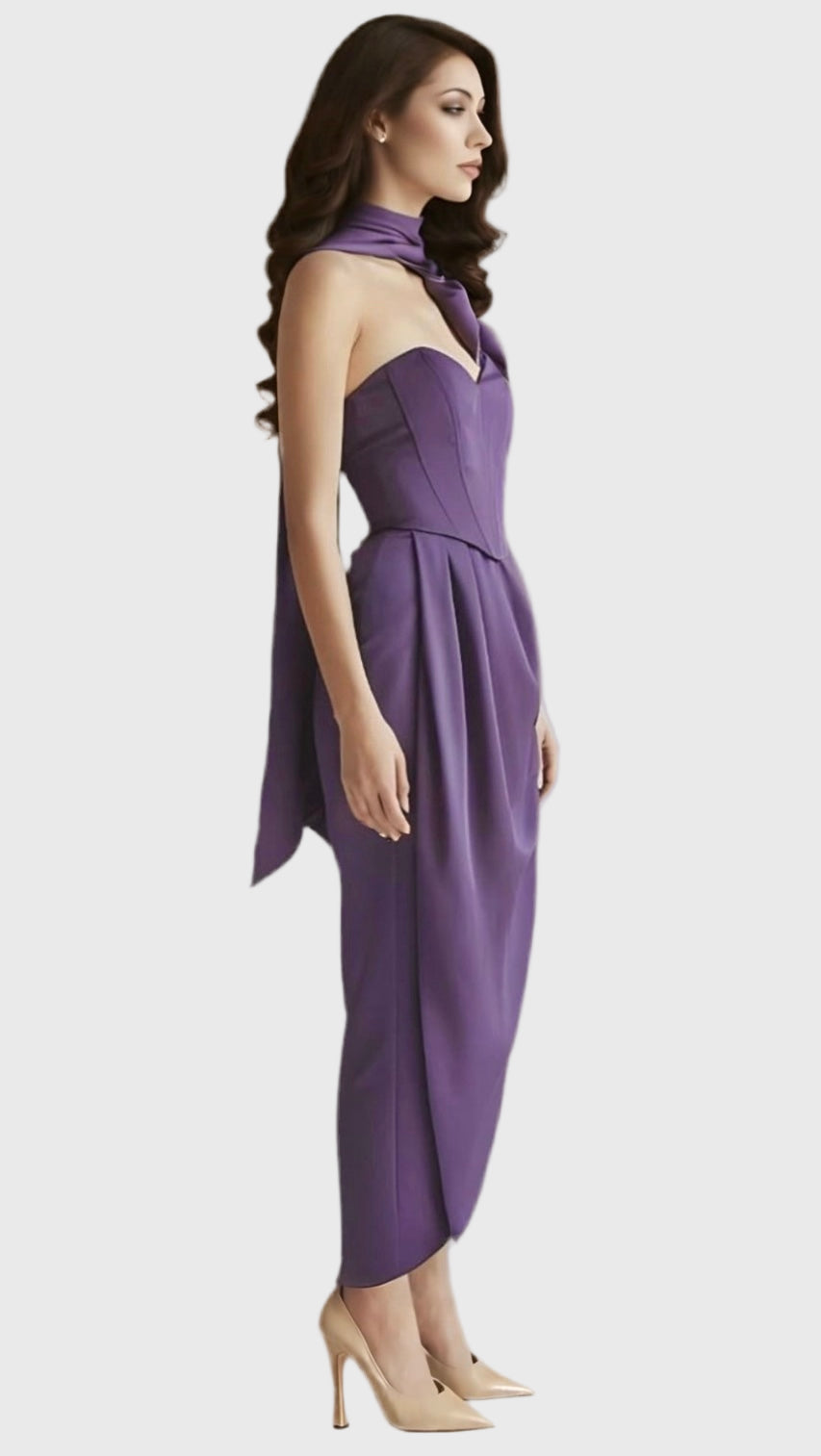 V shape corset tulip hem draped midi dress and scarf