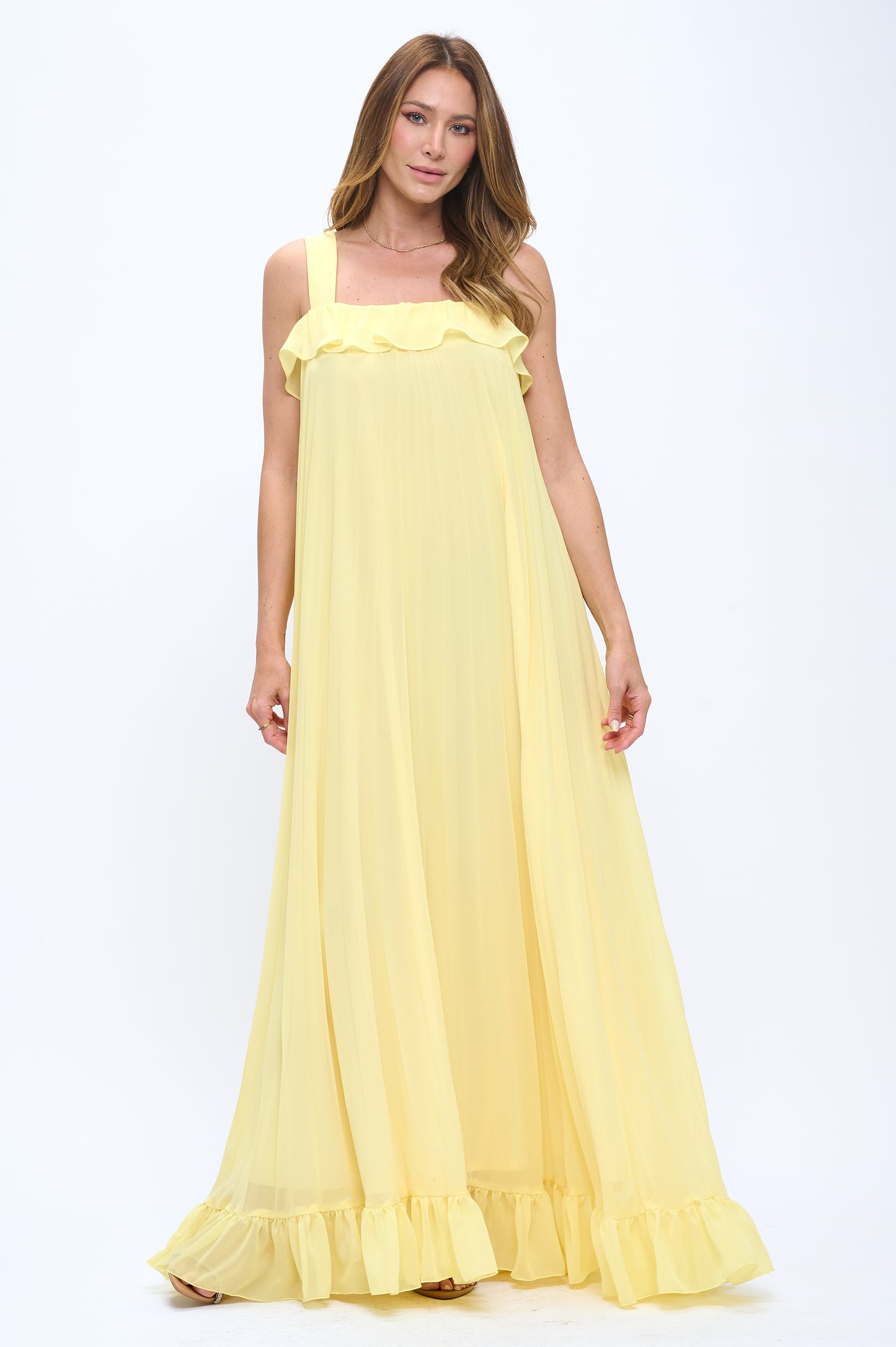 Pleated chiffon flowy ruffle maxi dress
