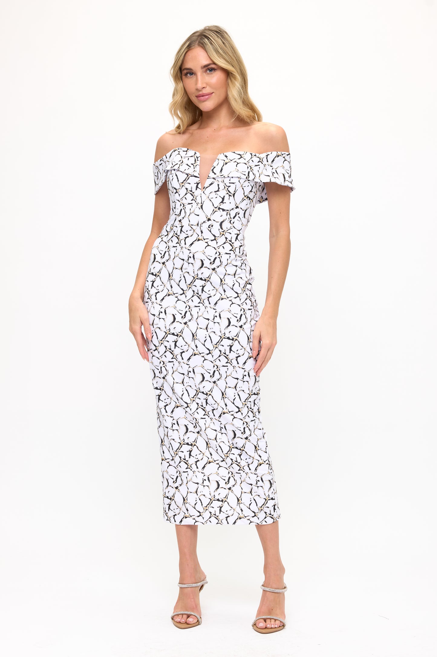 Off shoulder slit back marble print midi dress