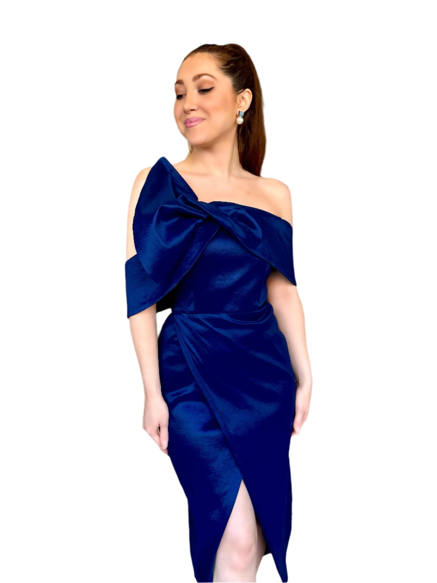 Classy demeanor off the shoulder bow midi taffeta dress