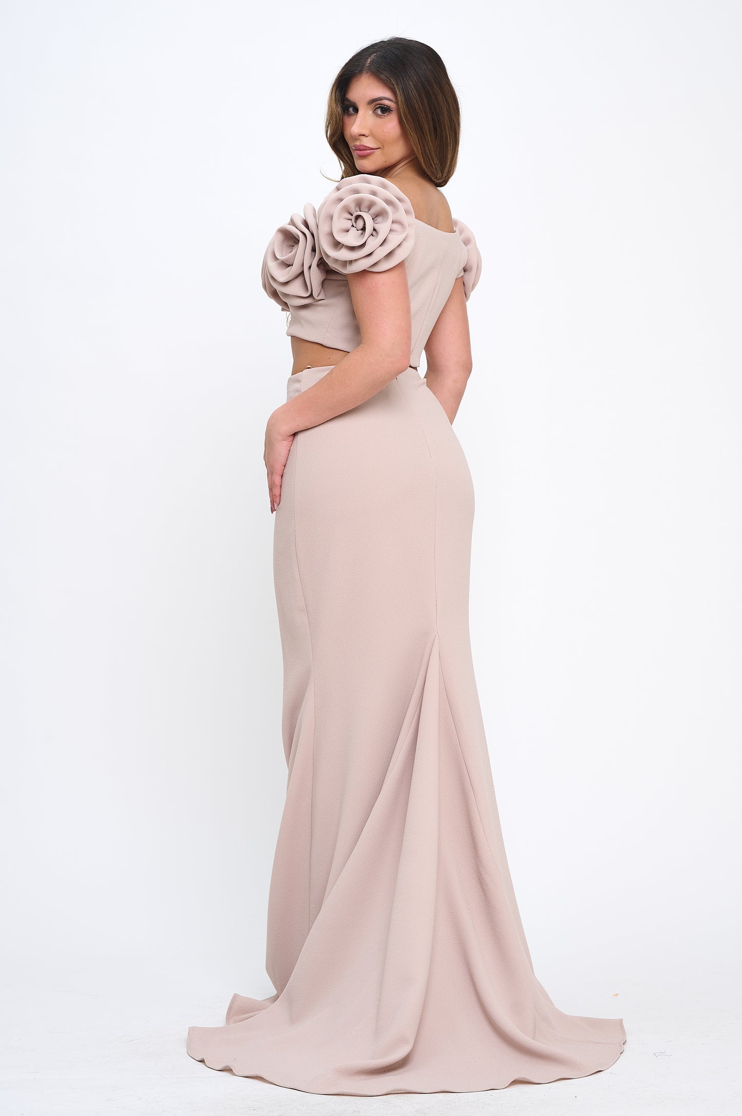 Rose detail off shoulder crop top and maxi skirt set