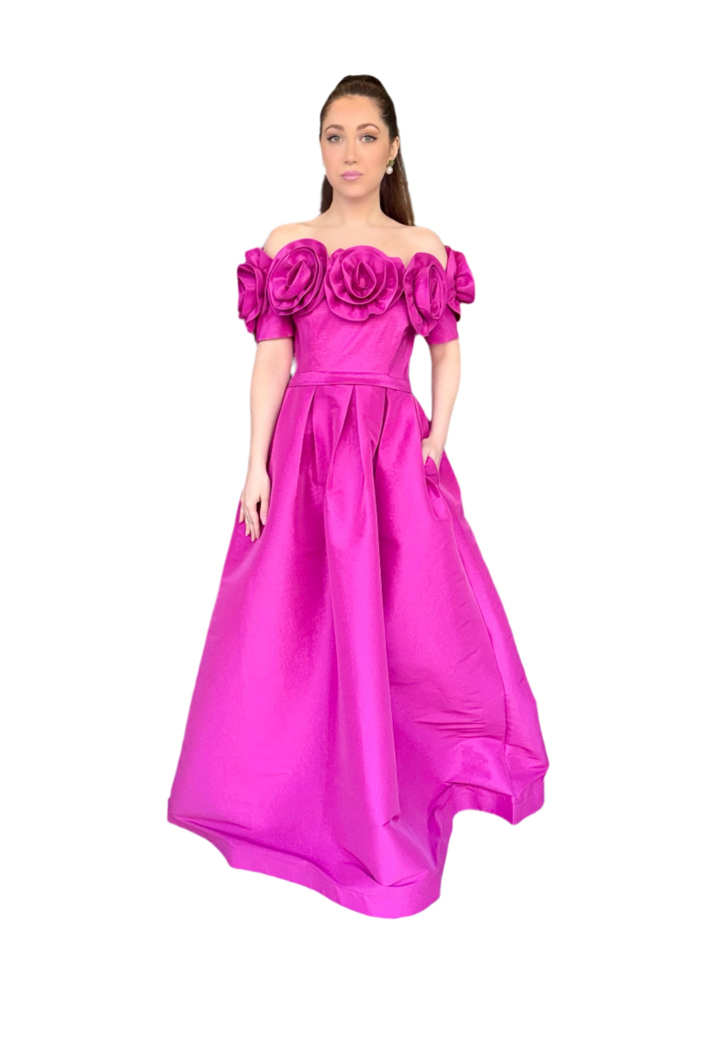 Rose bloom off shoulder taffeta gown