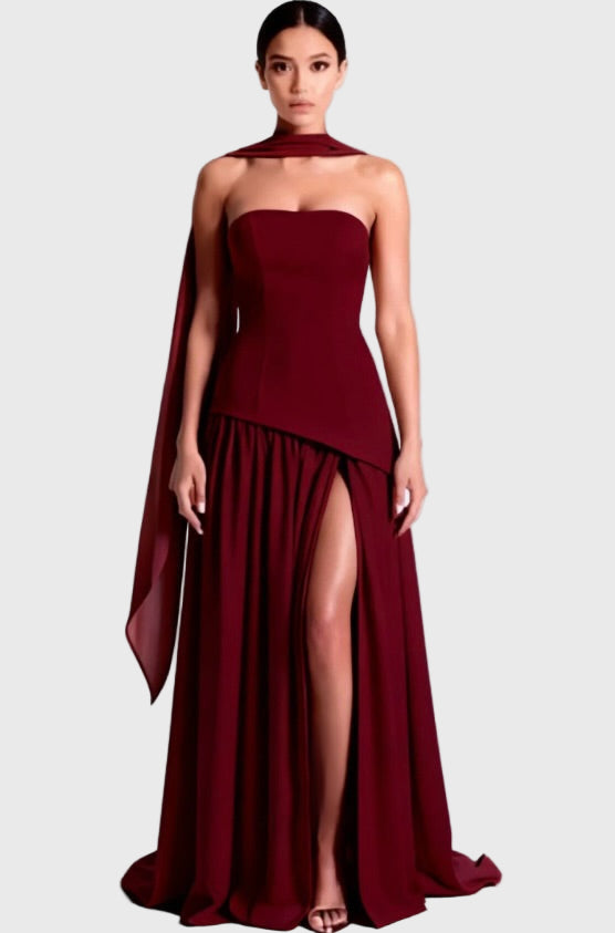 Strapless asymetrical corset slit gown