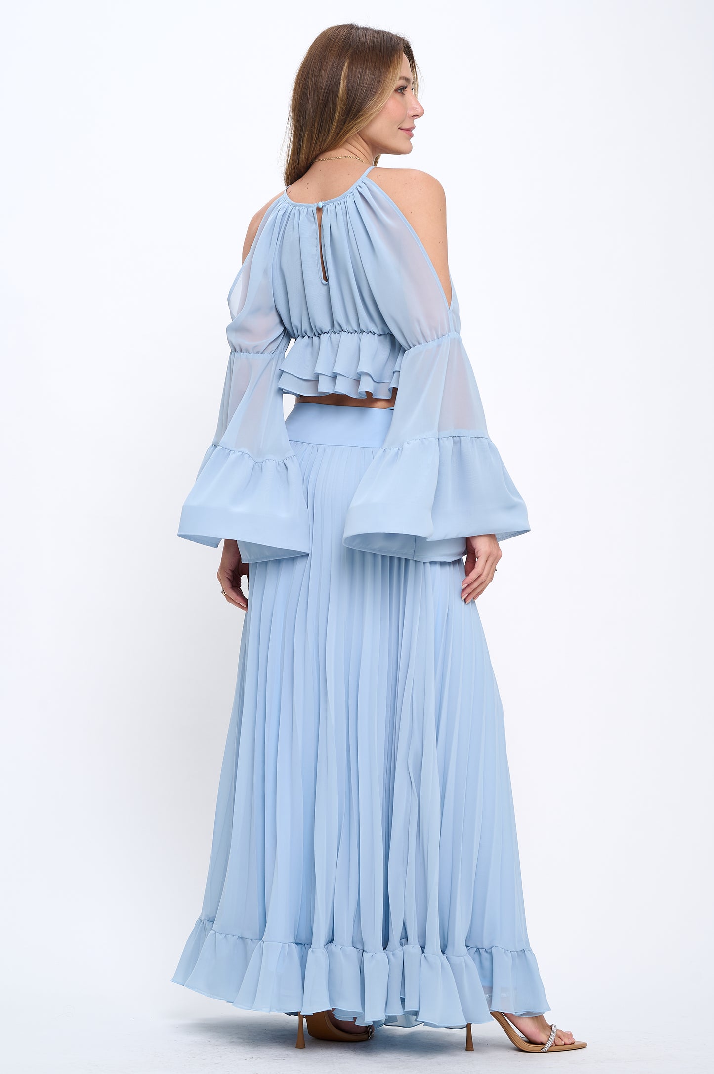 Chiffon ruffle crop top and maxi skirt set