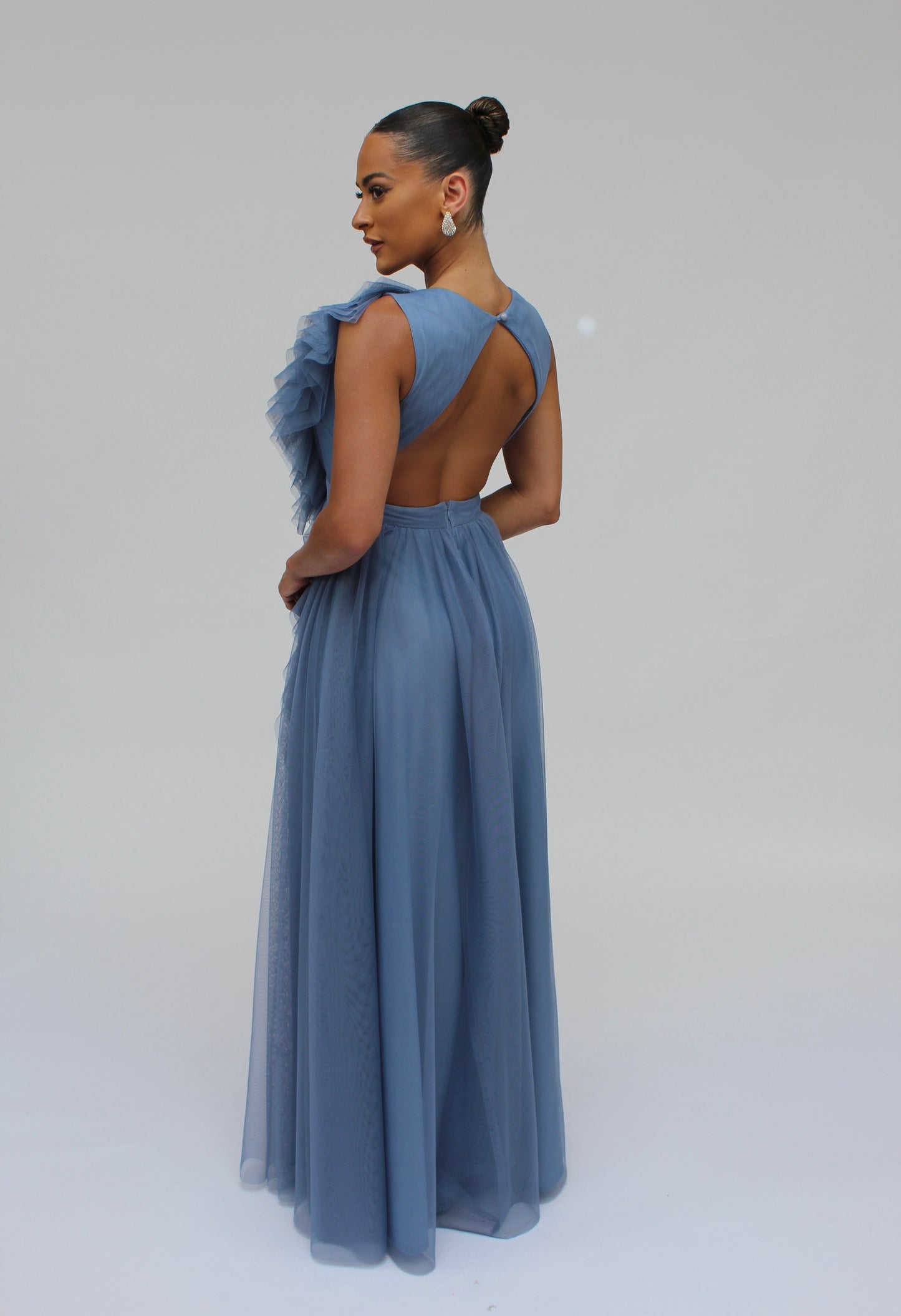 Elegant engagement ruffle layered tulle cascading gown with front slit