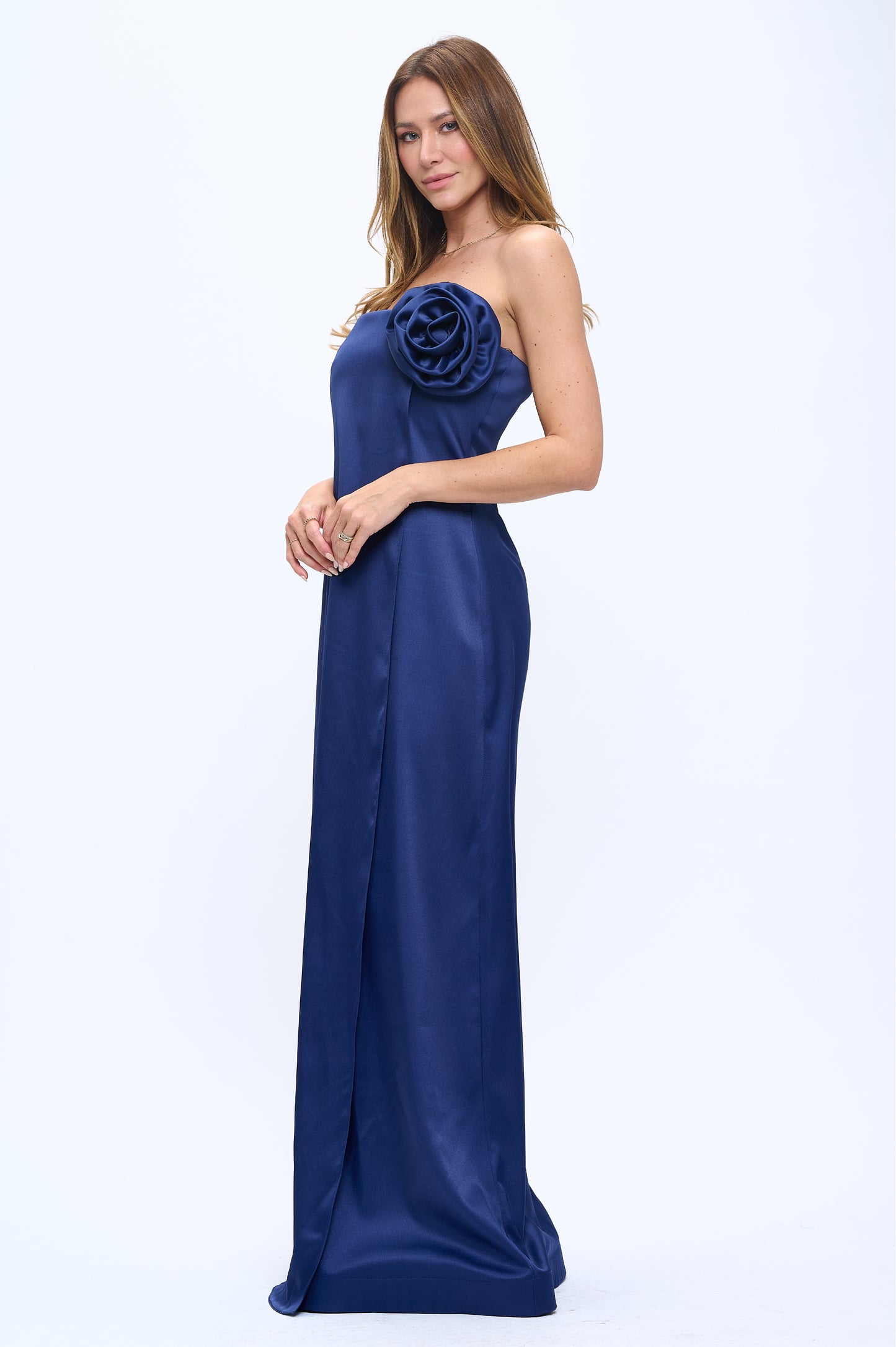 Rose wrap strapless stretchy satin maxi gown