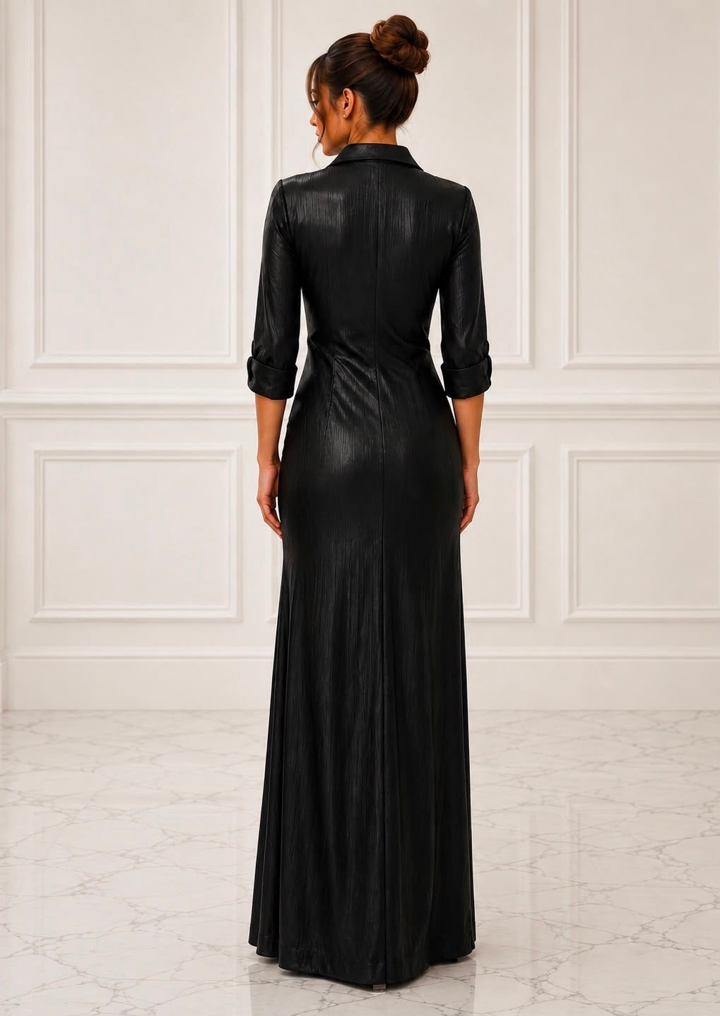 Chic metallic stretch lame 3/4 sleeves shirt dress